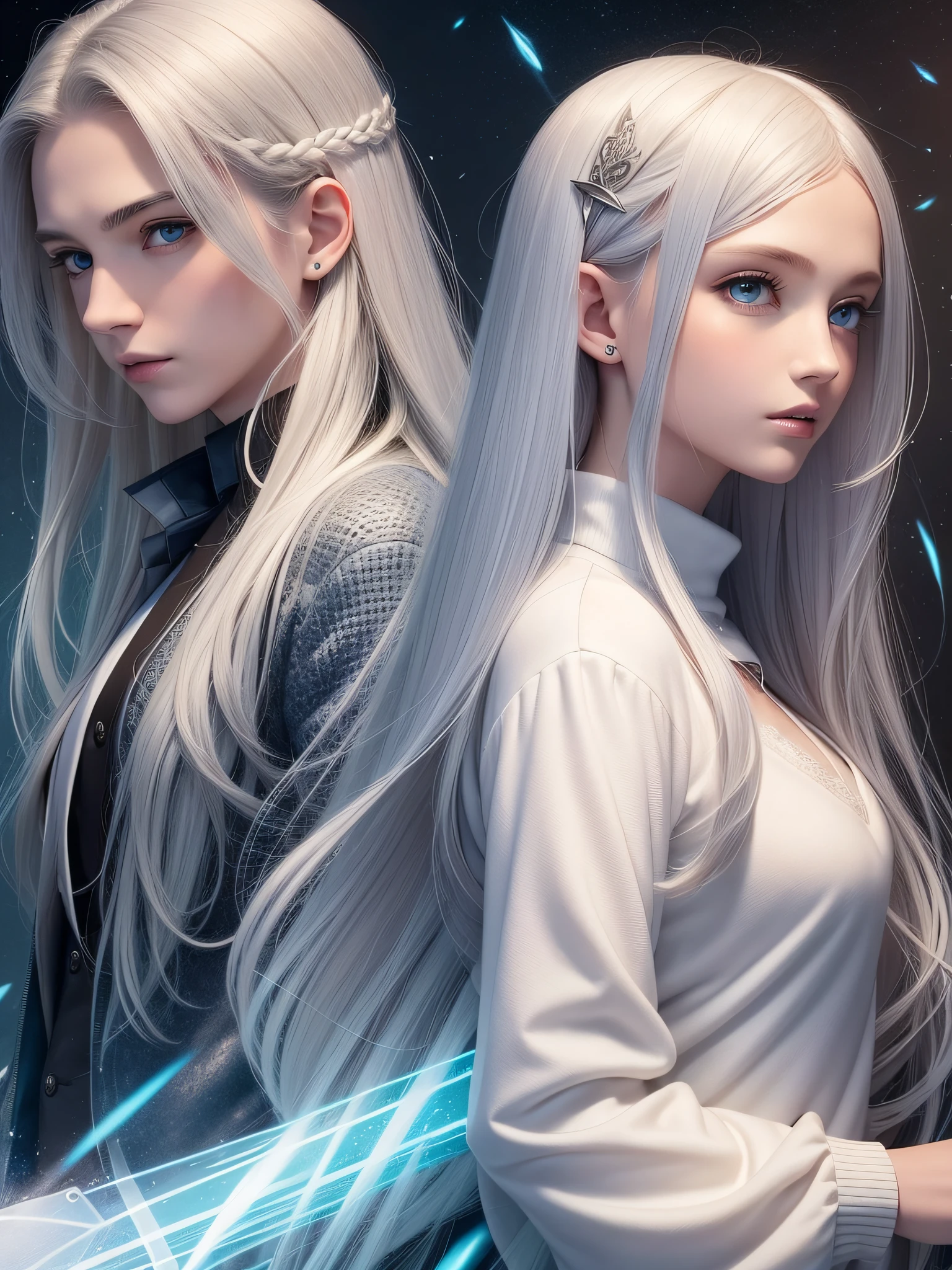 There is a girl and a man facing the viewer, an angel man with white wings in a gray three-piece suit with white short hair and blue eyes holding a sword in his hand, and a vampire girl in a long-sleeved sweater and jeans with long blond hair and green eyes, a girl with long hair is in the foreground, behind her is a man with angel wings