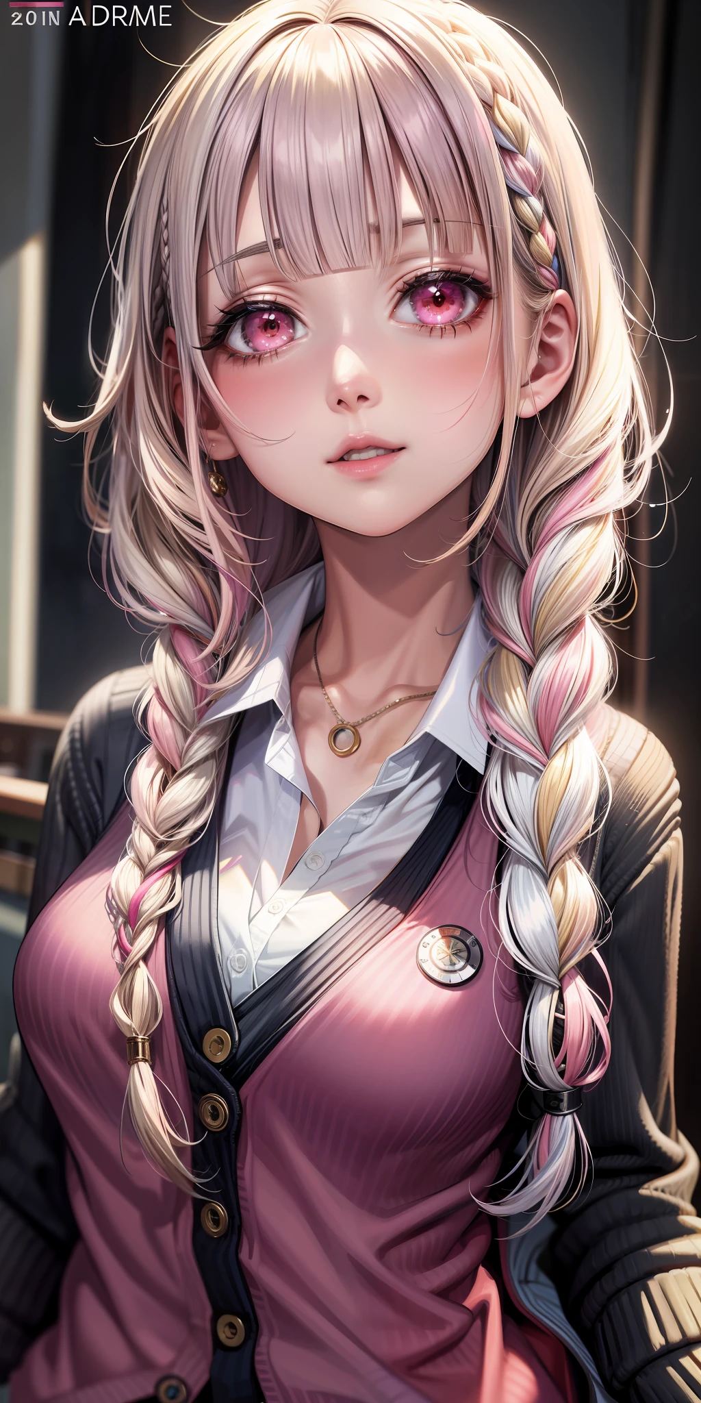 (((anime))), ((animated)), (GAL), medium hair, (braid hair:1.3), (blunt bangs:1.2),two-tone hair, blonde hair, (pink hair), round face, red eyes, (drooping eyes), (((tareme))),Pink Lip,piercing,necklace,[black skin], light smile, ((((cute)))), beautiful, 1 girl, solo, (cardigan:1.4), [cleavage cutout],beautiful background,(school:1.5),evening,sunlight,backlighting,masterpiece,best quality,exquisite,8k,absurdres,super fine illustration,(looking at viewer)