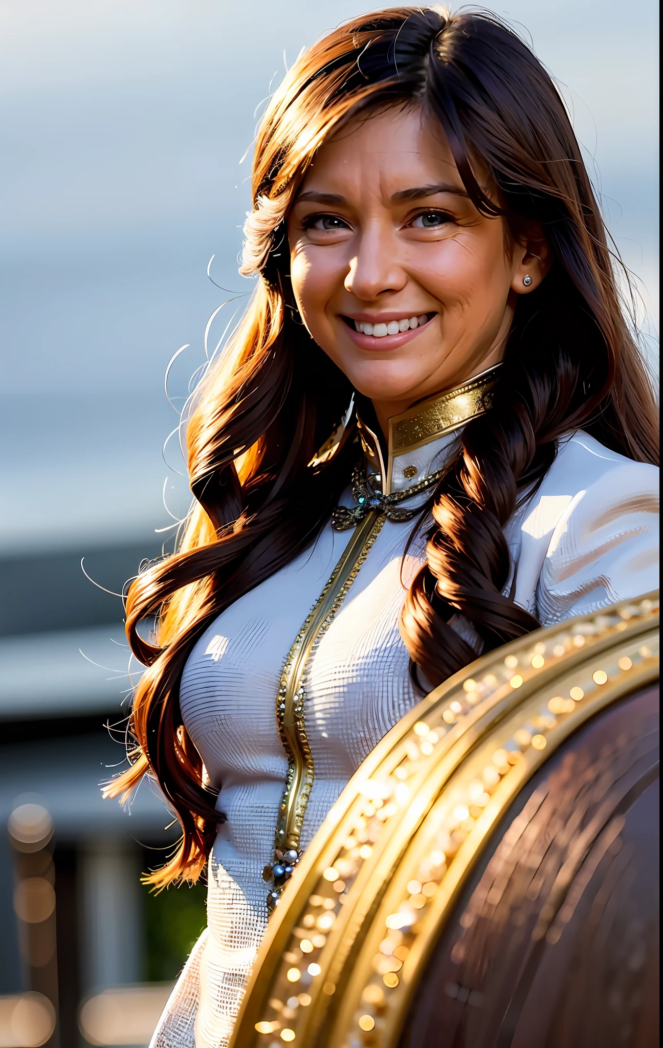 Exquisite, masterpiece, fine, dramatic light, intricate details, extremely realistic (absurd, high definition, super detailed), solo, 1 girl, mature, upper body, long-haired girl, brunette girl, hanshu, fantasy, winter, smile, ultra-detailed eyes, ultra-detailed face, ultra-detailed dress