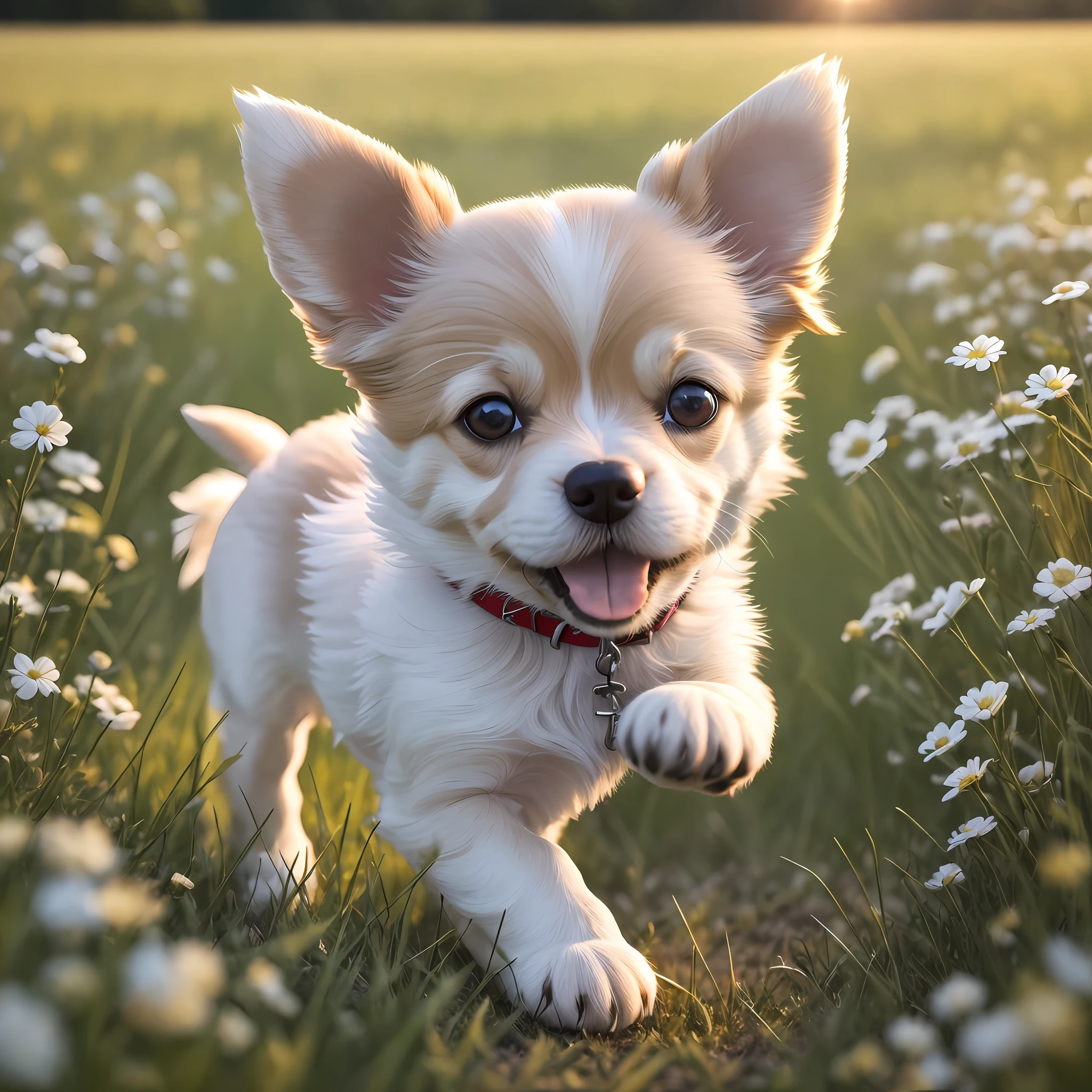 Close-up photo of a puppy in a mix of white Chihuahua and toy poodle jumping in the meadow, soft volume lights, (backlit 3:1), (cinematic: 1.2), intricate detail, (art station: 1.3), Rutkowski --auto --s2