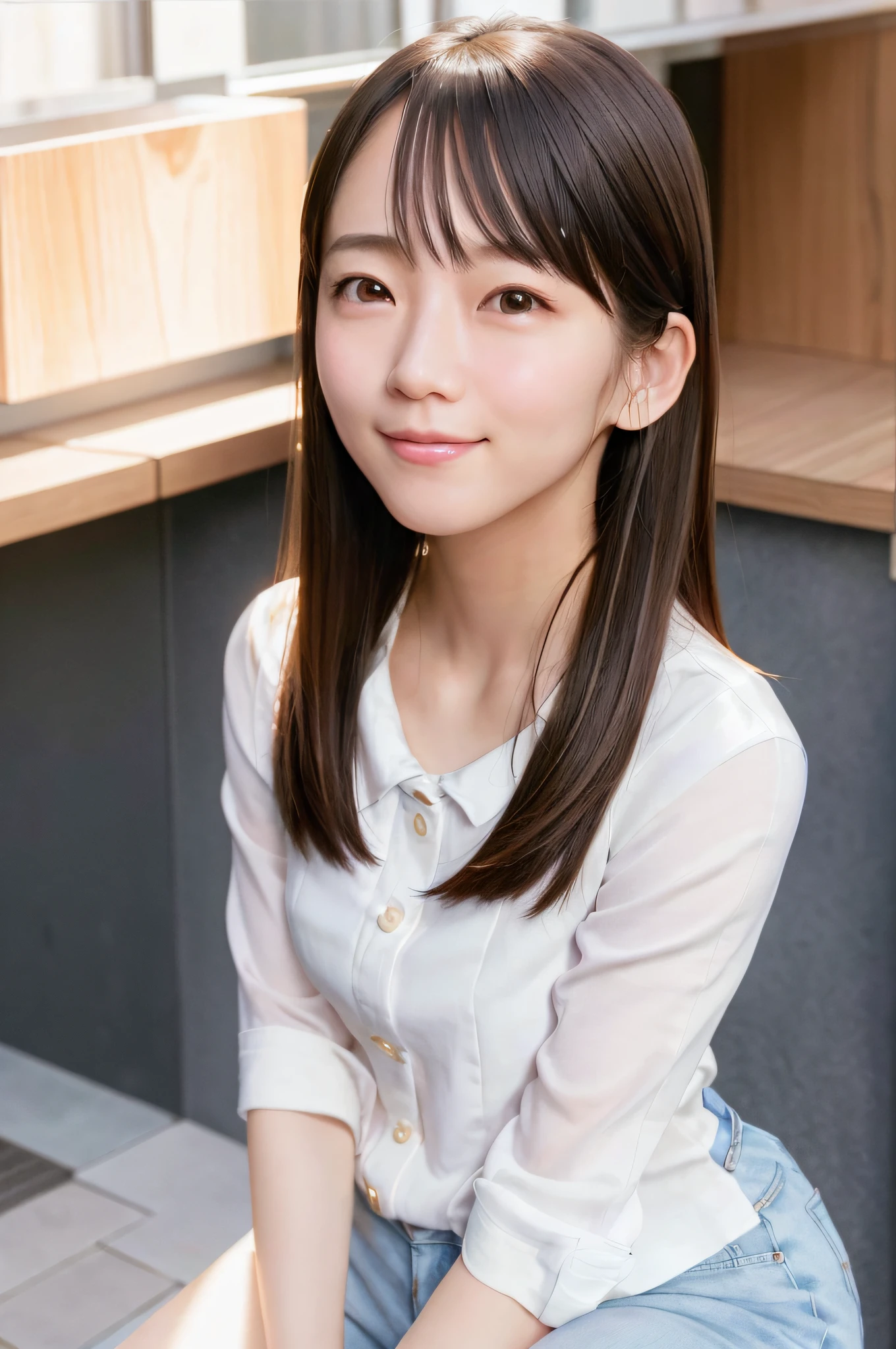 (skin spots: 1.2), (skin dentation), black eyes, 1 female,16 years old, ((female))), solo, realistic, best quality, photorealistic, masterpiece, 8k, high resolution, solo, highly detailed face, (professional lighting, bokeh), (light particles, lens flares, glowing particles: 0.6), (dynamic pose: 1.2), soft lighting, top angle view, fashionable and trendy, Japan, street, Tokyo, city, (daytime)), sky, ((view viewer:1)), (look at camera),(portrait:0.6), cowboy shot, gorgeous, standing, keep original facial proportions, wide shoulders, full body, (small breasts), (medium hair), brown hair, floating hair, lips, lipstick, seductive smile, floating hair, smile, open_ mouth, teeth, uniform