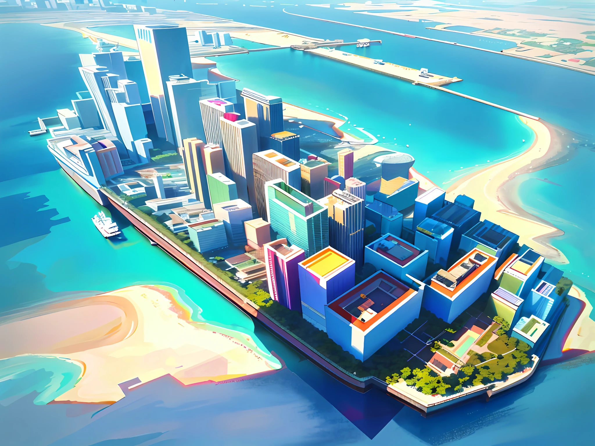 Overall area: 63000m2 of aerial view of the island, a cluster of skyscrapers covering the island, a modern urban landscape, a large ship harbor, a beautiful yacht harbor, a beautiful island with a white landscape throughout, and a large number of yachts floating in the sea.