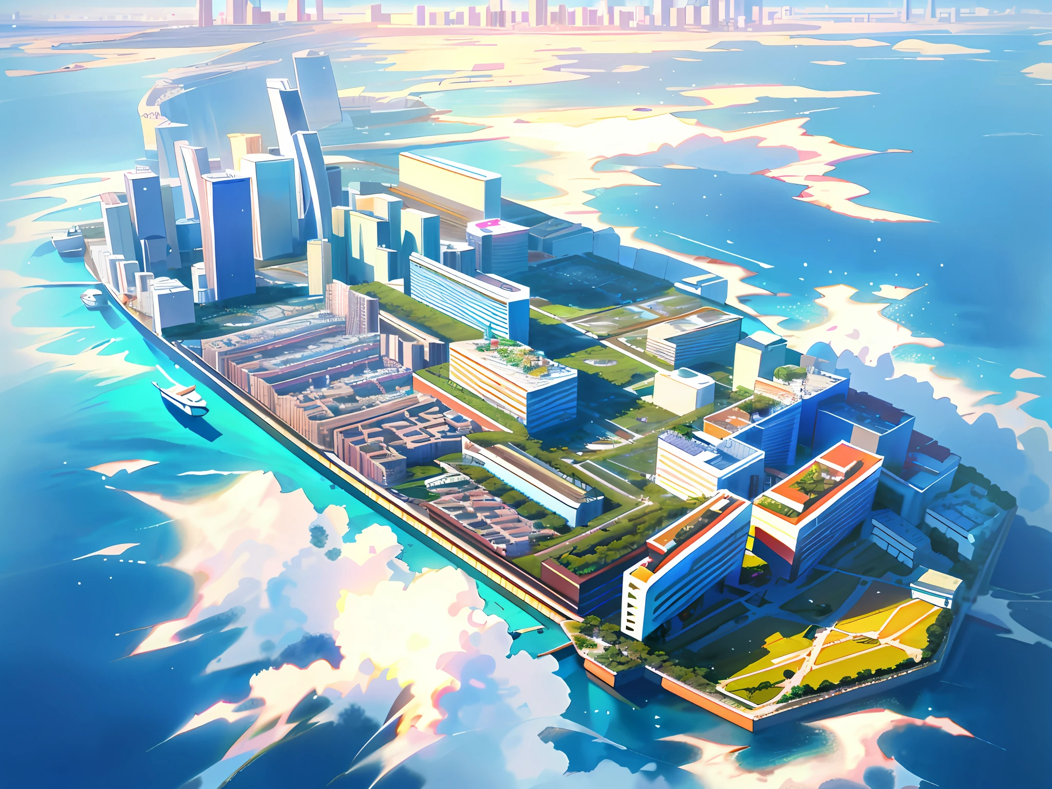 Overall area: 63000m2 of aerial view of the island, a cluster of skyscrapers covering the island, a modern urban landscape, a large ship harbor, a beautiful yacht harbor, a beautiful island with a white landscape throughout, and a large number of yachts floating in the sea.