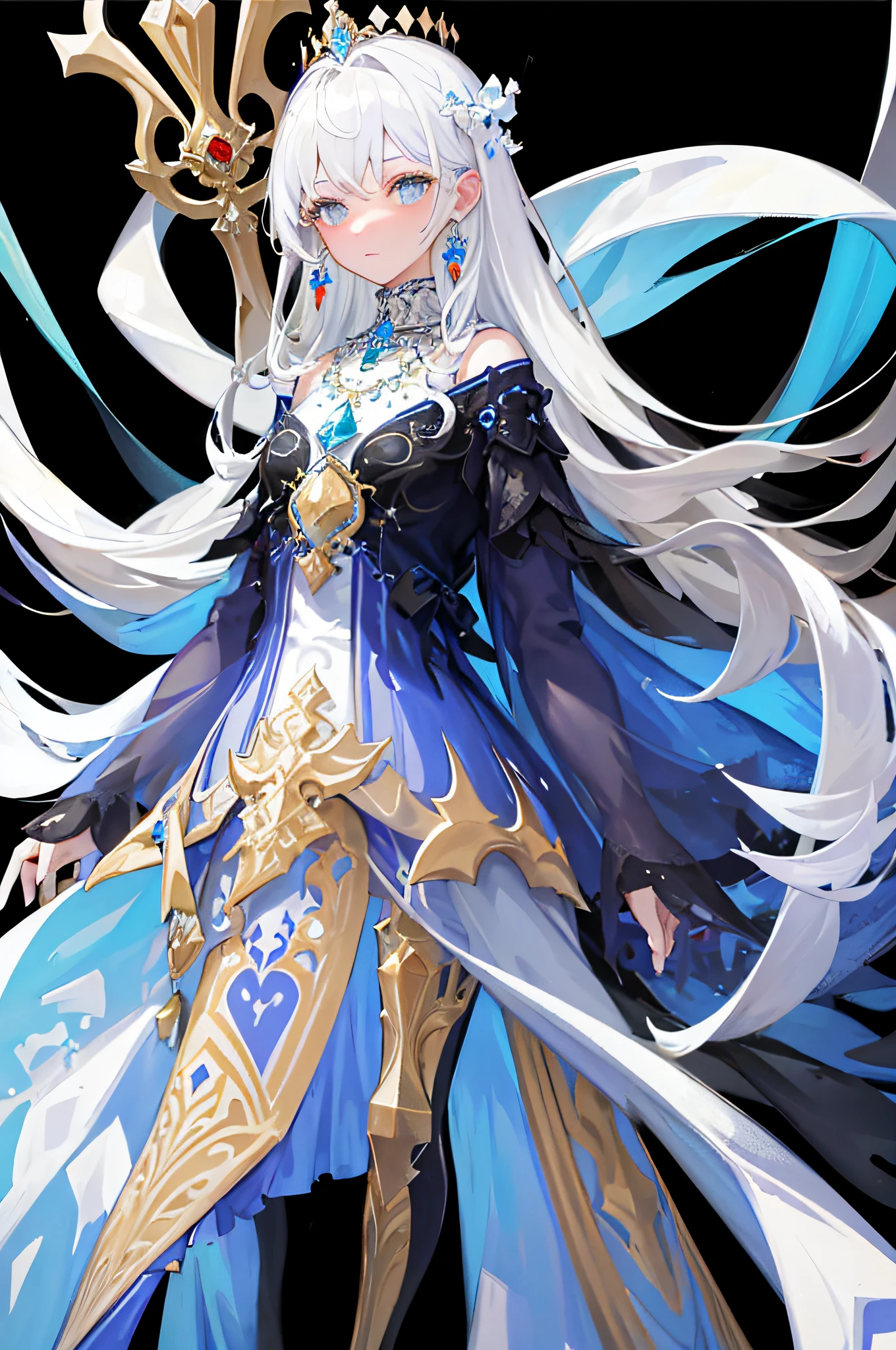 (masterpiece, best quality: 1.4), detailed background, white crystal, crysal cluster,long hair,jewelry, earrings, necklace, crown, bride, white hair, halo,
