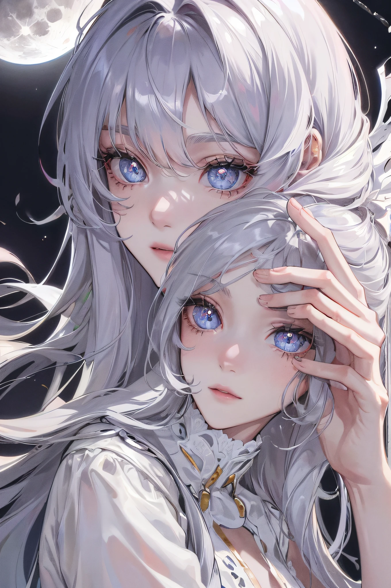 (Best quality, detailed background, high resolution, absurd, blooming, messy hair, shiny hair, exposed to light, bright pupils), masterpiece, superlative, night full moon, 1 girl, mature woman, blue eyes, sister, royal sister, cold face expressionless silver-white long-haired woman, light pink lips, calm and intellectual three-band gray pupil assassin short knife, flower, hand details, facial details, delicate makeup, golden dress