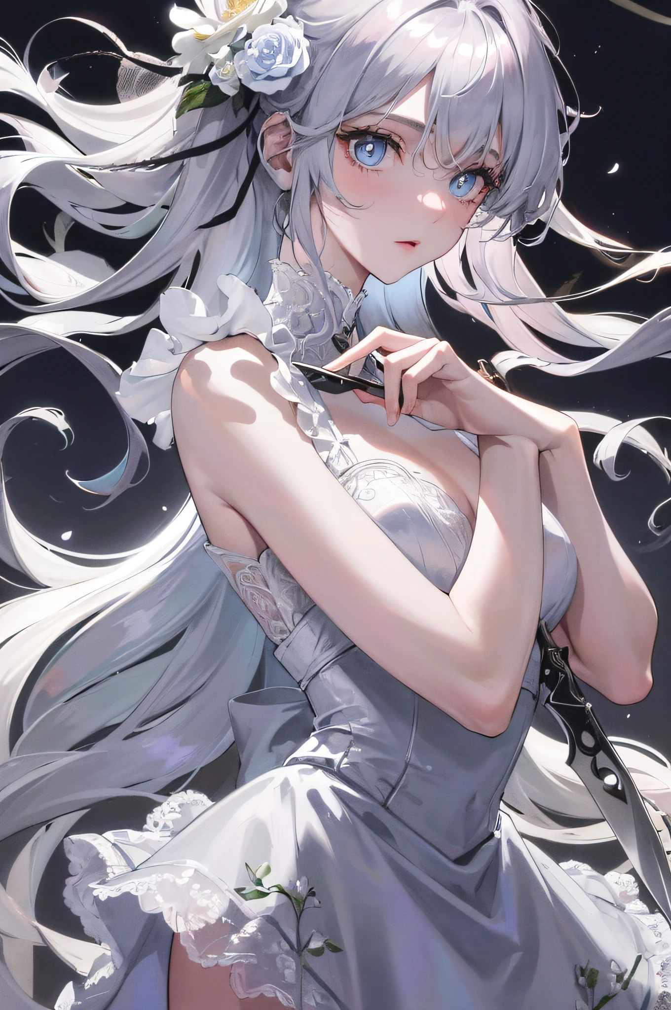 (Best quality, detailed background, high resolution, absurd, blooming, messy hair, shiny hair, exposed to light, bright pupils), masterpiece, superlative, night full moon, 1 girl, mature woman, blue eyes, sister, royal sister, cold face expressionless silver-white long-haired woman, light pink lips, calm and intellectual three-band gray pupil assassin short knife, flower, hand details, facial details, delicate makeup, golden dress