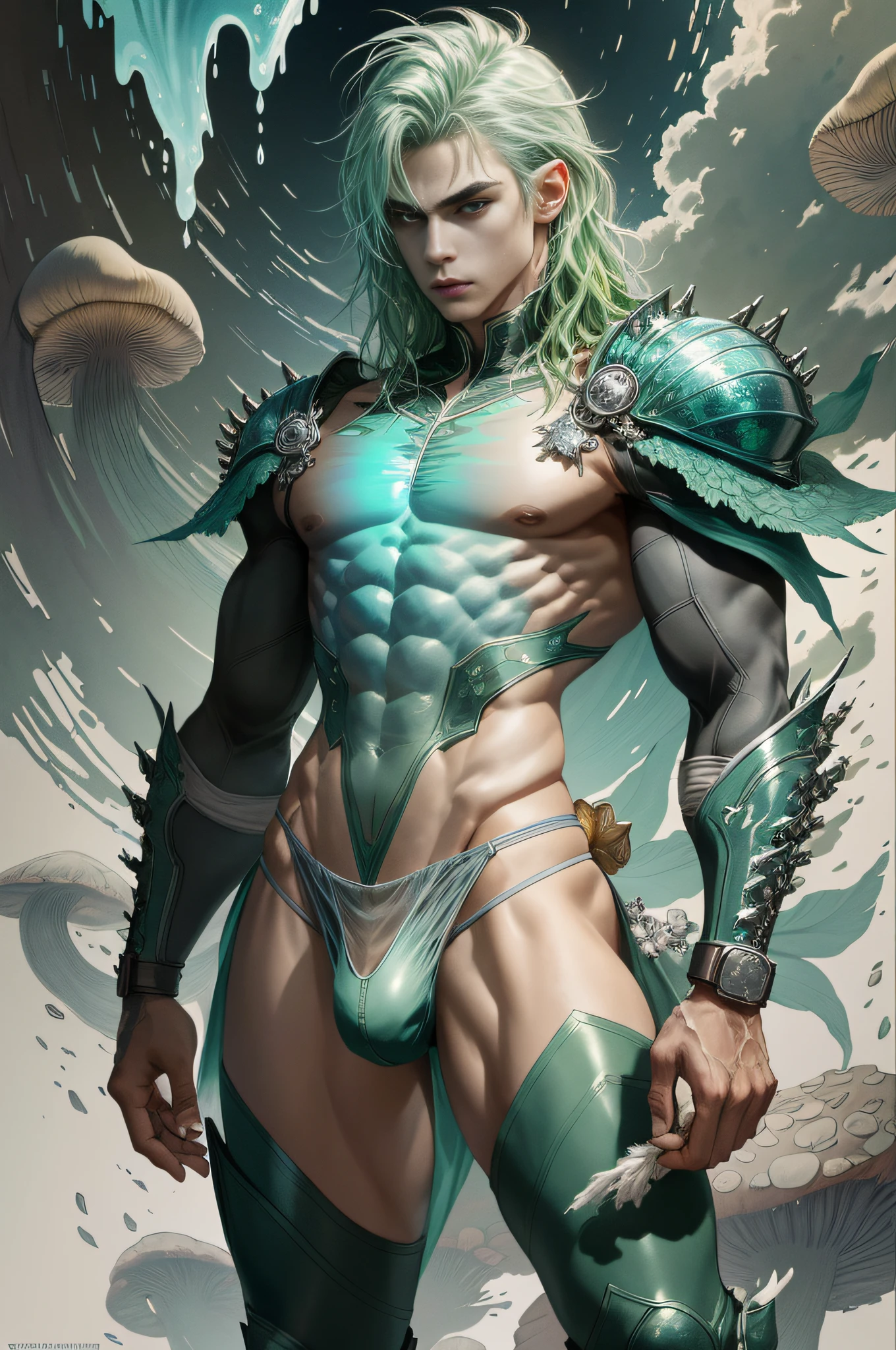 (masterpiece, best quality), 1boy, wearing micro thong, full mast, erect bulge, see-through thong , mushroom water world, wide angle, athletic body, male, iridescent skin, flat chest, silver eyes, green hair styled in spikes, determined expression, bioluminescent lighting, small waist, broad chest, big mane, slim scruffy, muscular , illustration, watercolor ink sketch, (best quality)), intricate detailed,solo,