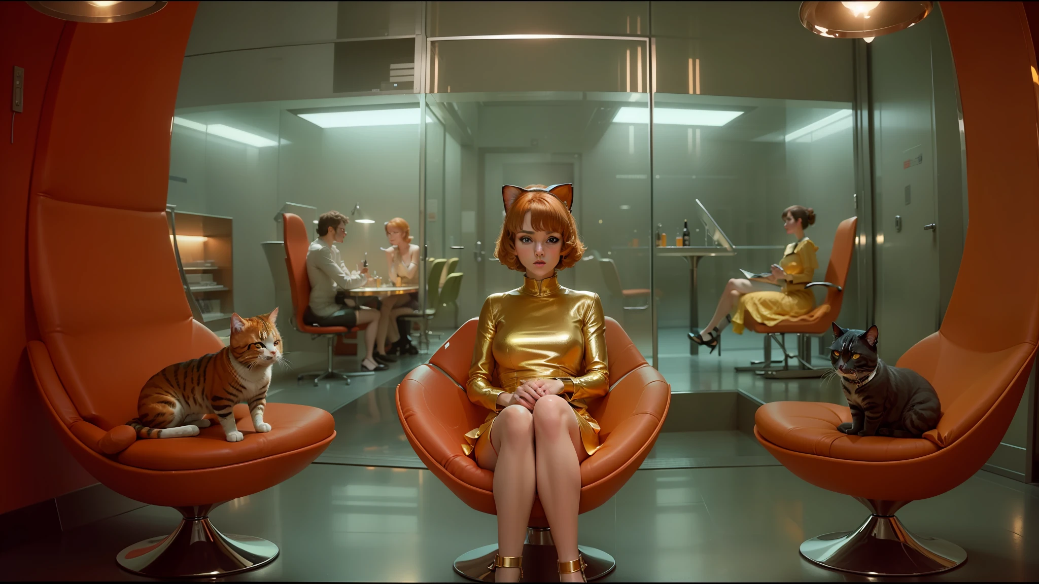 there are two cats sitting in a chair with a woman sitting on it, roger deakin ’ s cinematography, apple orange, gloss, swift, protagonist in foreground, short hair style, mercury dress, golden computers, scottish fold, barbarella, floors, person in foreground, elevator, stylised, header, taylor swift with green dress, sixties, champagne --auto --s2