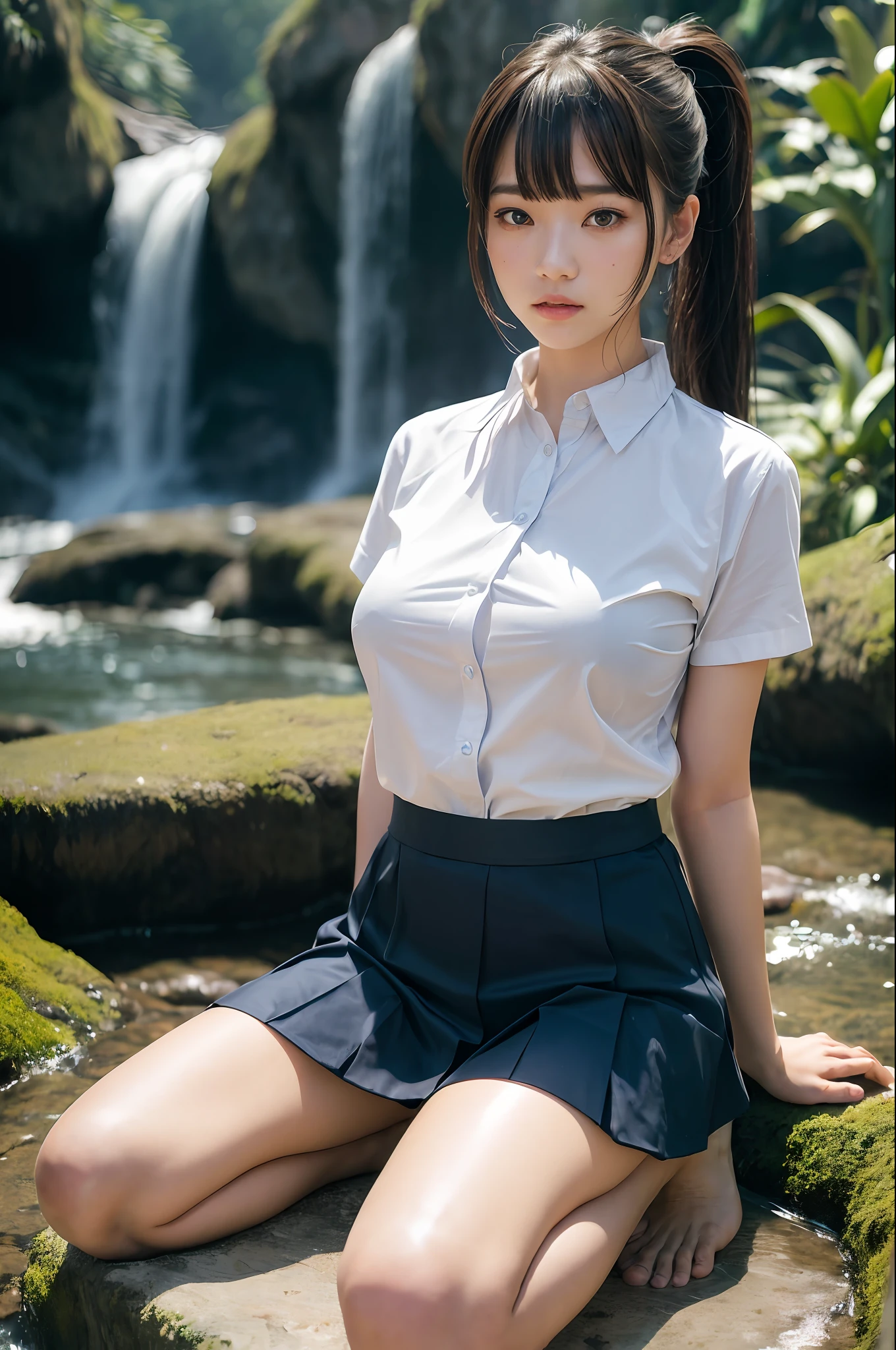 art by Cornflower, dreamy, (masterpiece, best quality, perfect anatomy, beautiful face, realistic, ultra detailed, 1girl, 18ears old, solo, depth of field, Canon 24mm Lens, f1.4, cute_girl, JK uniform, constricted pupils, clear facial features, short sleeves, large breasts, thin figure, long legs, barefoot, double ponytail, bangs, outdoors, jungle, waterfall, blurred background, (uwabaki: 1.1576))