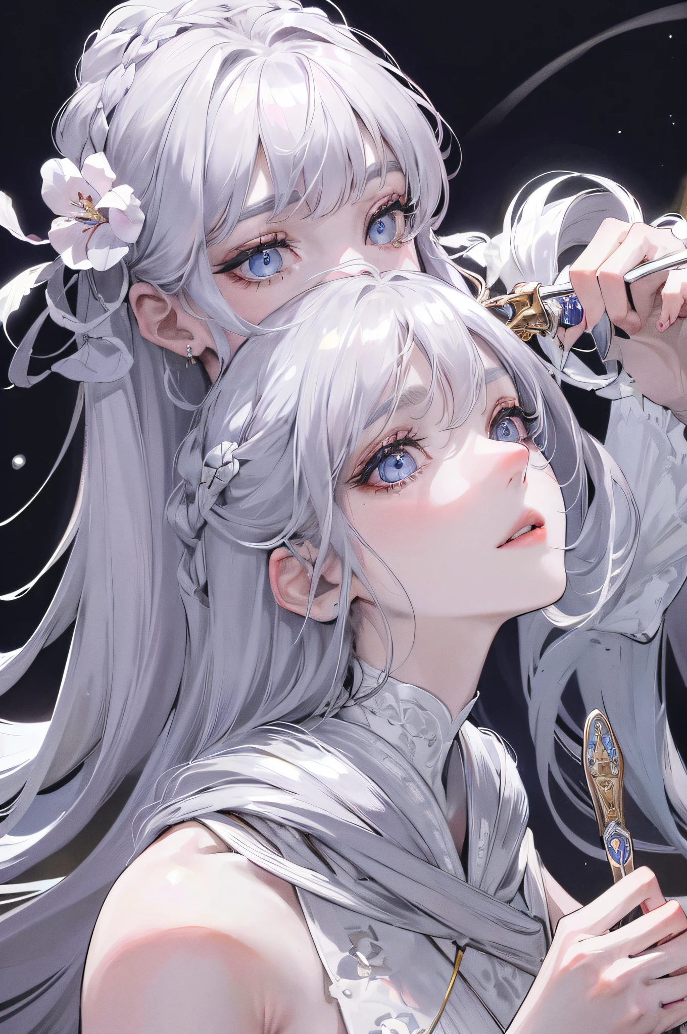 Masterpiece, Superb Girl, Full Moon Night, 1 Girl, Mature Woman, Blue Eyes, Sister, Royal Sister, Cold Face Expressionless Silver-White Long Haired Woman, Light Pink Lips, Calm and Intellectual Three Banded Gray Pupil Assassin Short Knife, Flower, Hand Details, Facial Details, Delicate Makeup, Golden Dress