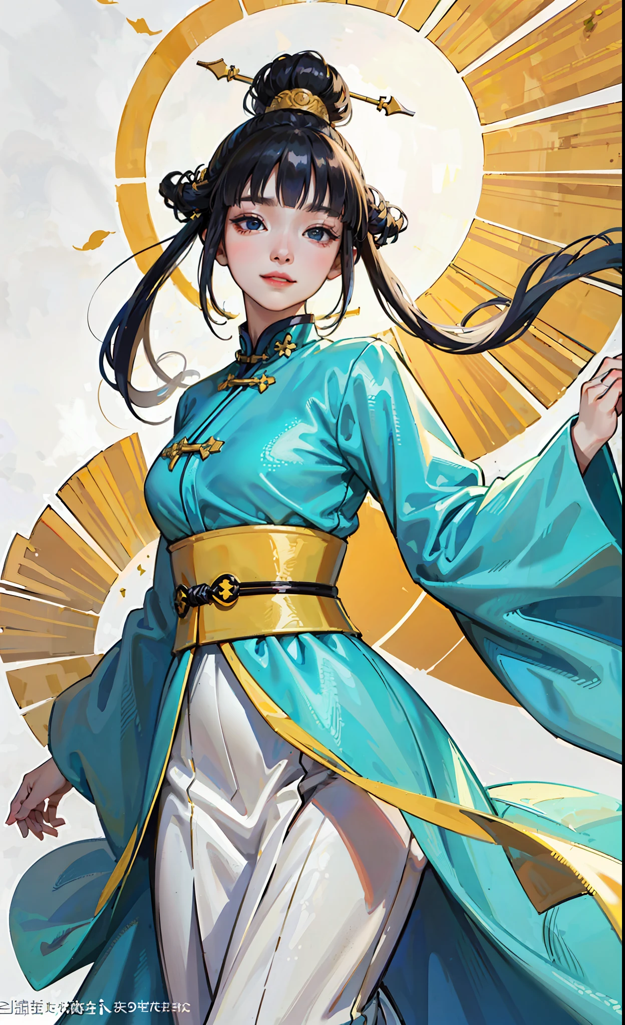 A girl, ancient Chinese costume, whole body, sunshine, clear face, clean white background, masterpiece, super detail, epic composition, ultra HD, high quality, extremely detailed, official art, uniform 8k wallpaper, super detail, 32k, ((blunt bangs)), extremely detailed character, detailed lips,  dark blue hair,  hinata/(boruto/),  smile
