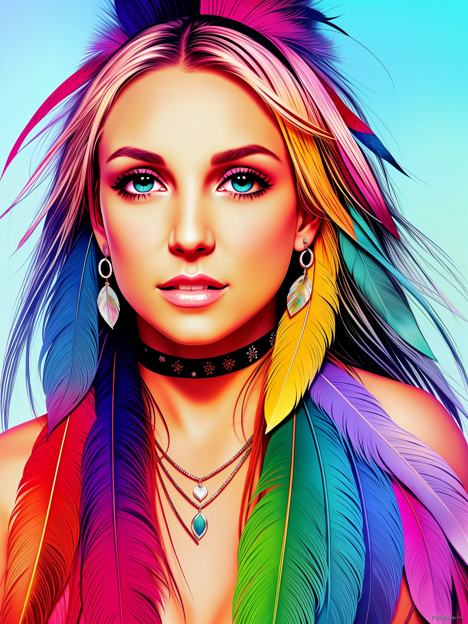 Britney Spears, Native American beatuy, woman, drawn by ppublish, feather, colors