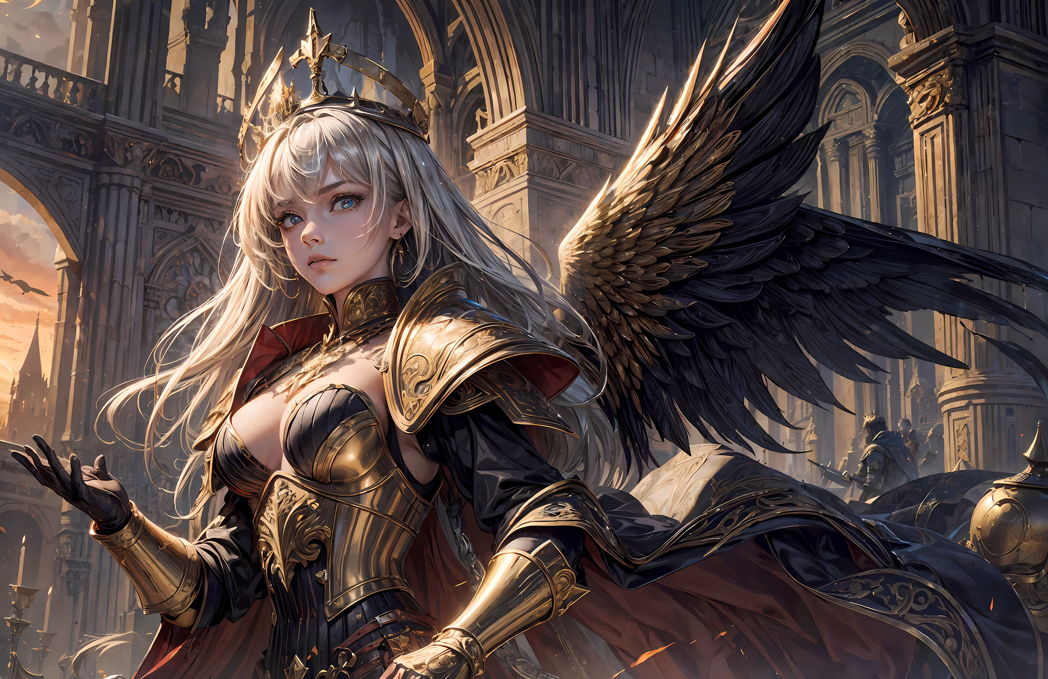 Best quality)), ((masterpiece)), ((highly intricate details)),beautiful, high quality, highres, absurdres, light difussion, intricate details, complex details, ((anime)), (anime:1.2) , (perfect face:1.3), extreme detailed eyes, colorful, highest detailed, vibrant colors, high contrast, (8K UHD:1.2), (photorealistic:1.2),(masterpiece:1.4), (best quality:1.4), realistic, 1girl medium breasts,(masterpiece:1.2, best quality:1.1),8K,intricate details,HD,best illustration,wall-paper,intricate details,8K Hd wallpaper:1.6 1girl,12yo,Golden pupil,((Golden eye)),Golden iris,shine:1.6 Swords and shields, griffins, wings, banners, streamers, emeralds, crowns,The sheen, the detail, the sparks, the ink, the castle, the fire, the sunset,Crusader armor Metallics, streamers, blood on his face,Chest exposed, broken armor,industrial, dieselpunk, Carved armor:1.4, scratches:1.2, battle damage, wounds