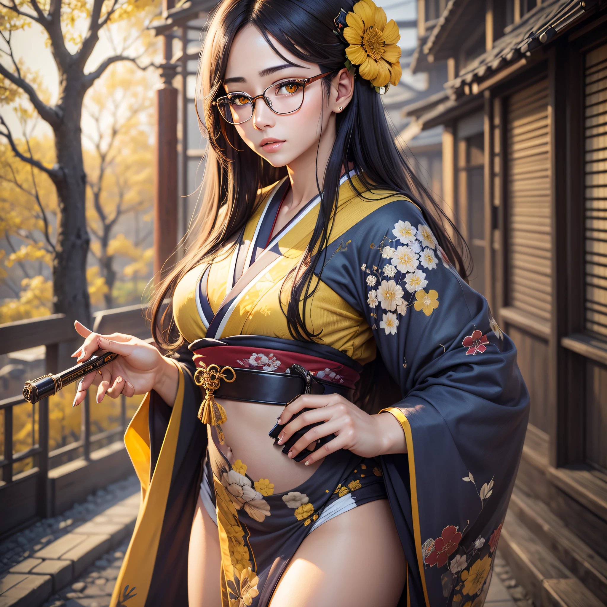photorealistic, beautiful woman, glasses, Japan, yellow eyes