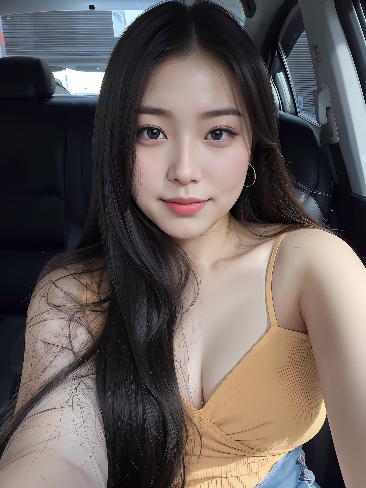 there is a woman sitting in a car with long hair, smiling, 8k selfie photograph, shot on nikon z9, captured on canon eos r 6, taken with sony alpha 9, shot on canon eos r 5, shot on canon eos r5, young cute wan asian face, 2 , gorgeous young japanese woman, 1 8 yo, 🤤 girl portrait