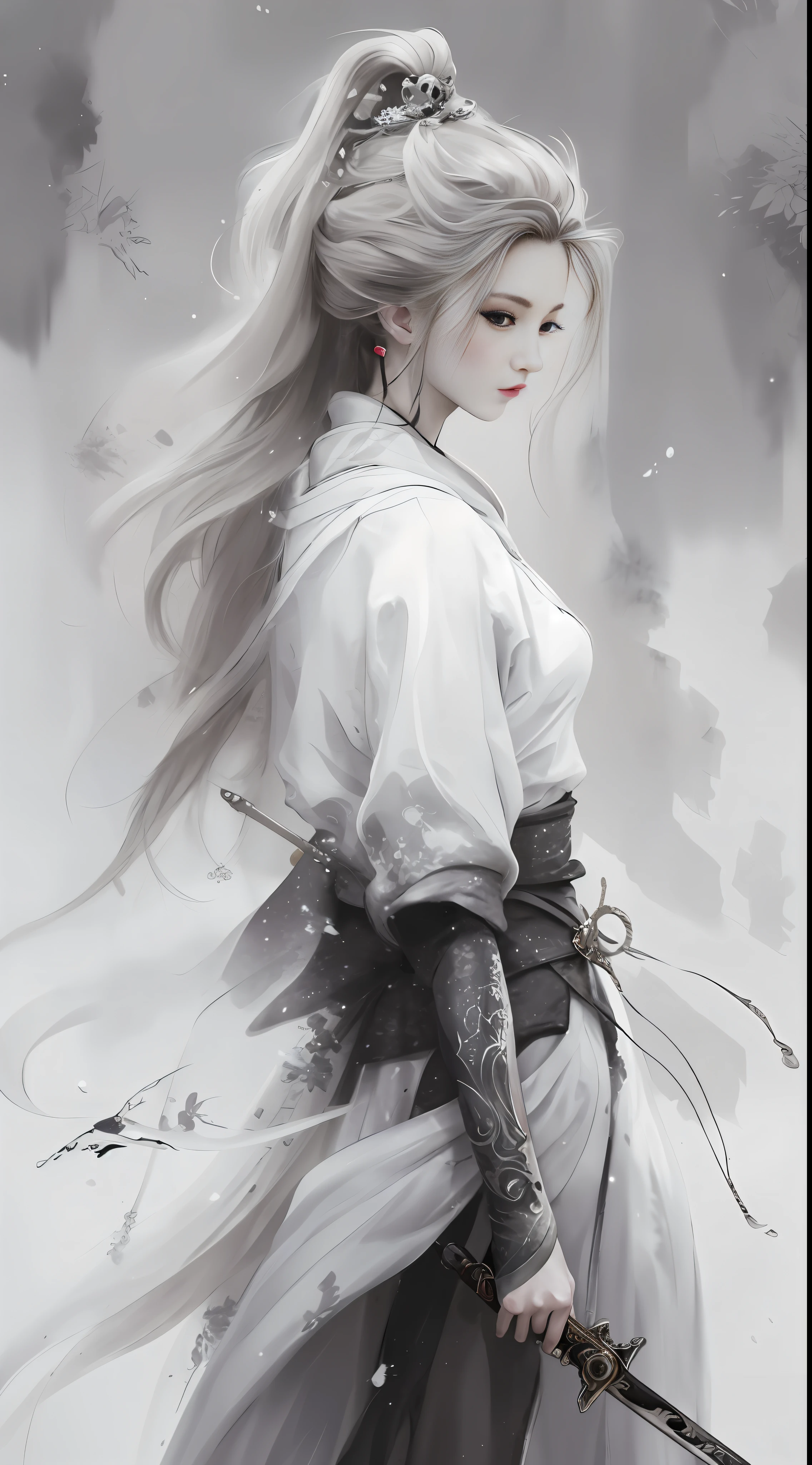 a close up of a woman with a sword in a painting, by Yang J, beautiful character painting, artwork in the style of guweiz, guweiz, by Fan Qi, by Li Song, by Huang Shen, by Ye Xin, white hanfu, by Zeng Jing, by Song Xu, by Leng Mei, by Zhou Fang