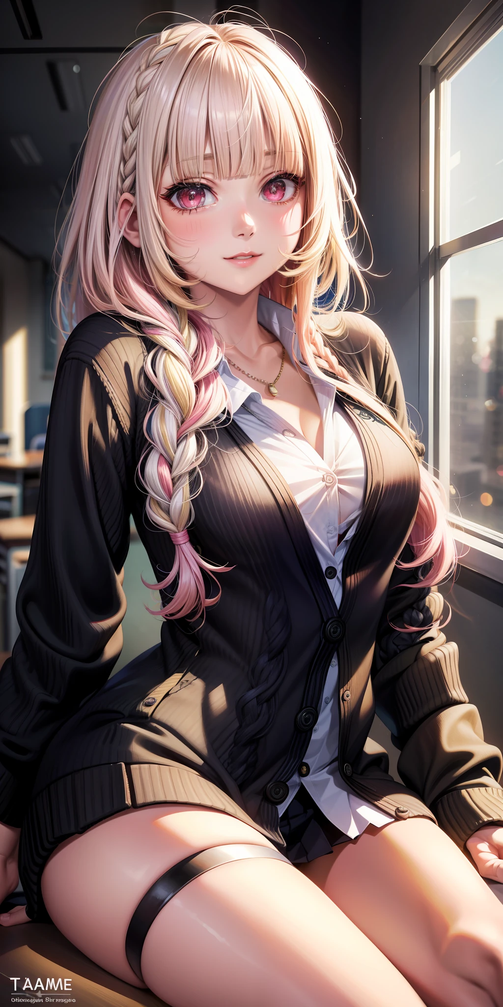 (((anime))), ((animated)), (GAL), medium hair, (braid hair:1.3), (blunt bangs:1.2),two-tone hair, blonde hair, (pink hair), round face, red eyes, (drooping eyes), (((tareme))),Pink Lip,piercing,necklace,[black skin], light smile, ((((cute)))), beautiful, 1 girl, solo, (cardigan:1.4), [cleavage cutout],beautiful background,(classroom:1.5),evening,sunlight,backlighting,masterpiece,best quality,exquisite,8k,absurdres,super fine illustration,(looking at viewer)