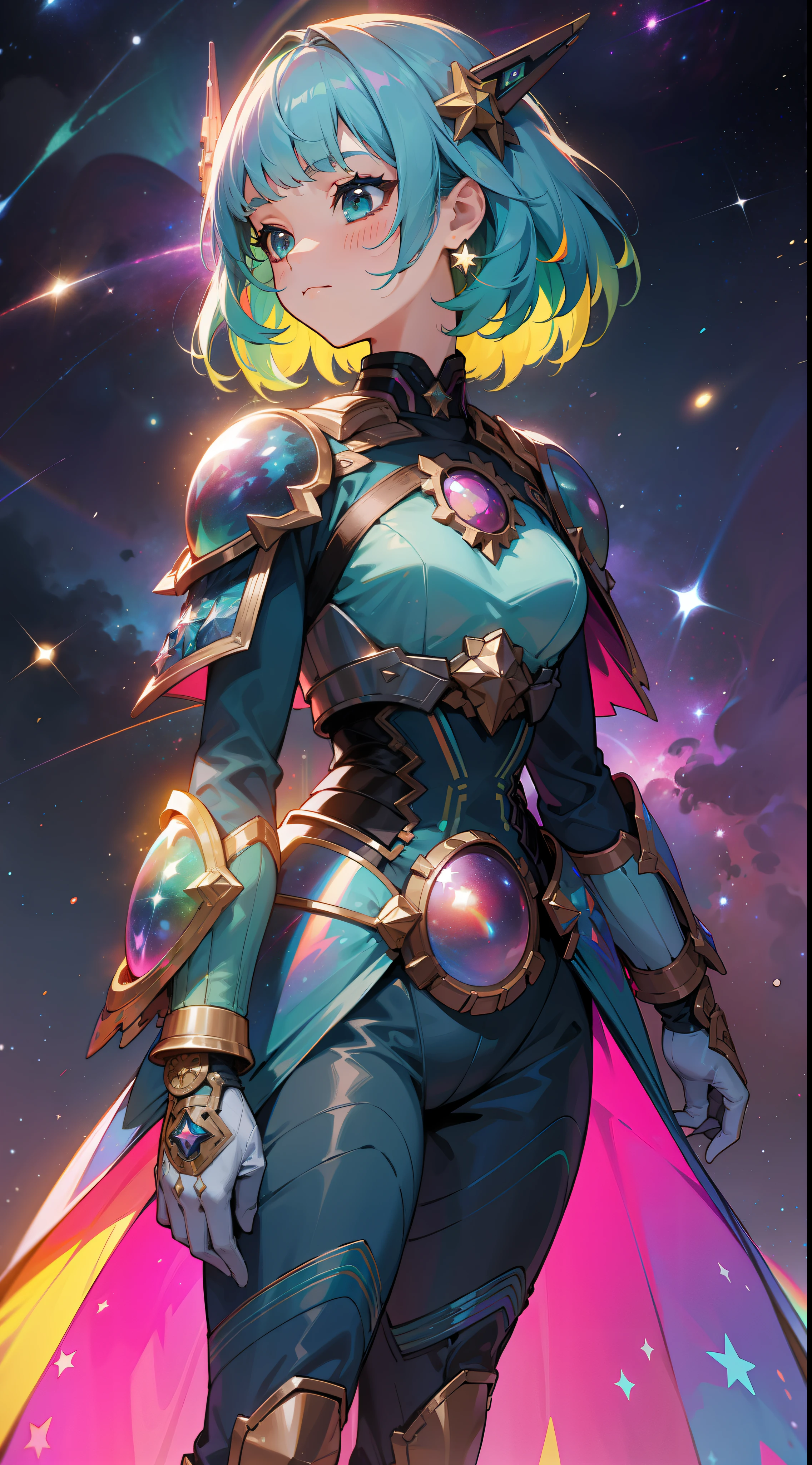 a girl with rainbow colored hair and detailed teal dress armor, standing, rainbow colored cosmic nebula background, stars, galaxies, intricate details, perfect face