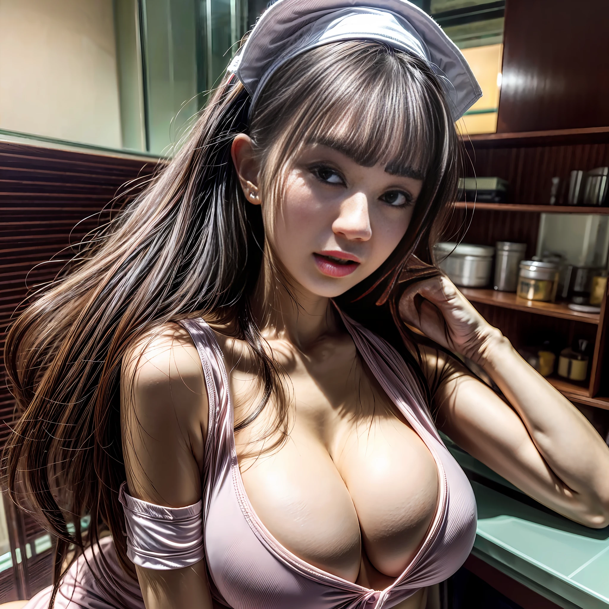 (masterpiece:1.2), (ultra detailed:1.0), 20 year old girl, tareme, large breasts, looking at viewer, nomakeup, blurry background, hospital, (nurse:1.0)