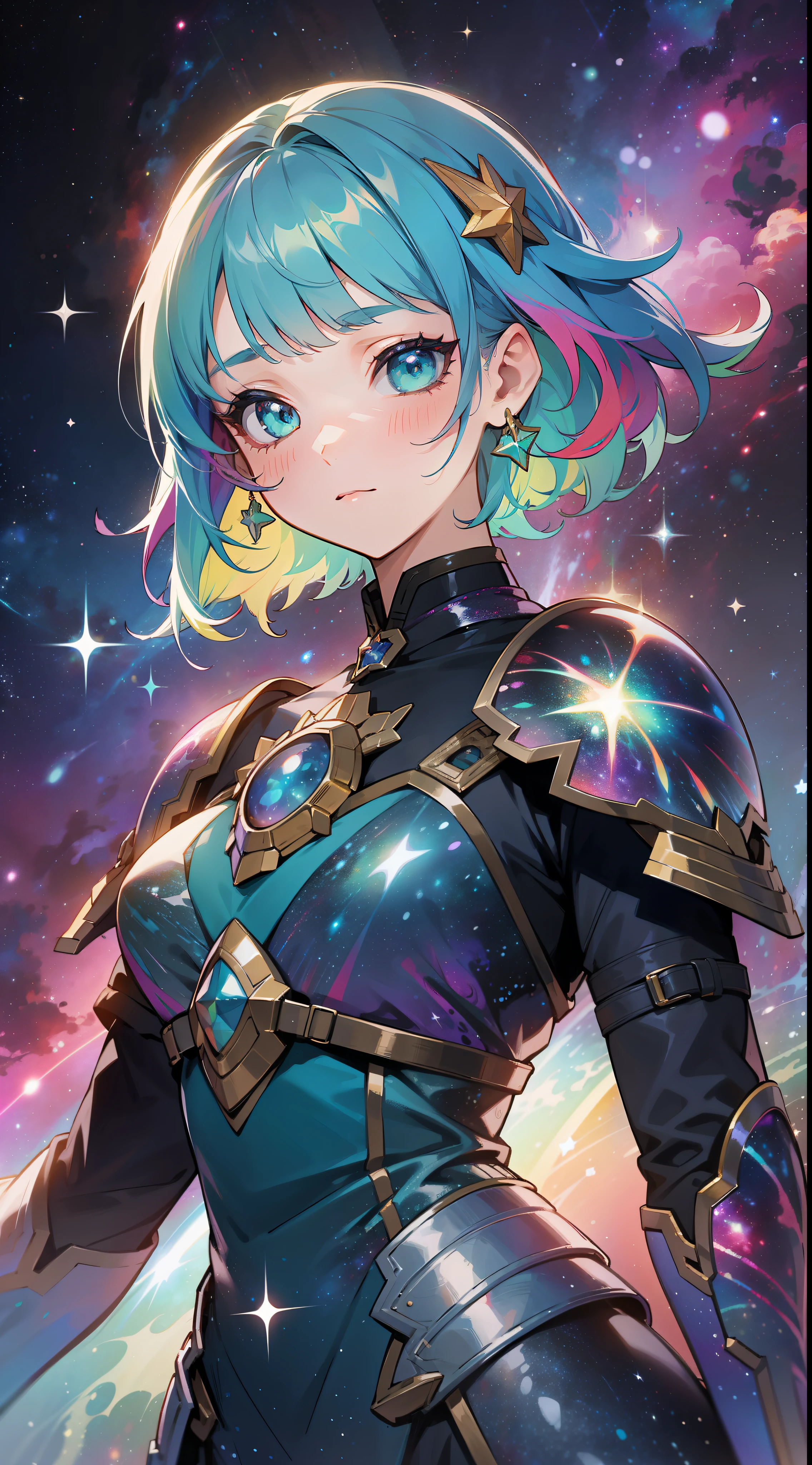 a girl with rainbow colored hair and detailed teal dress armor, standing, rainbow colored cosmic nebula background, stars, galaxies, intricate details, perfect face
