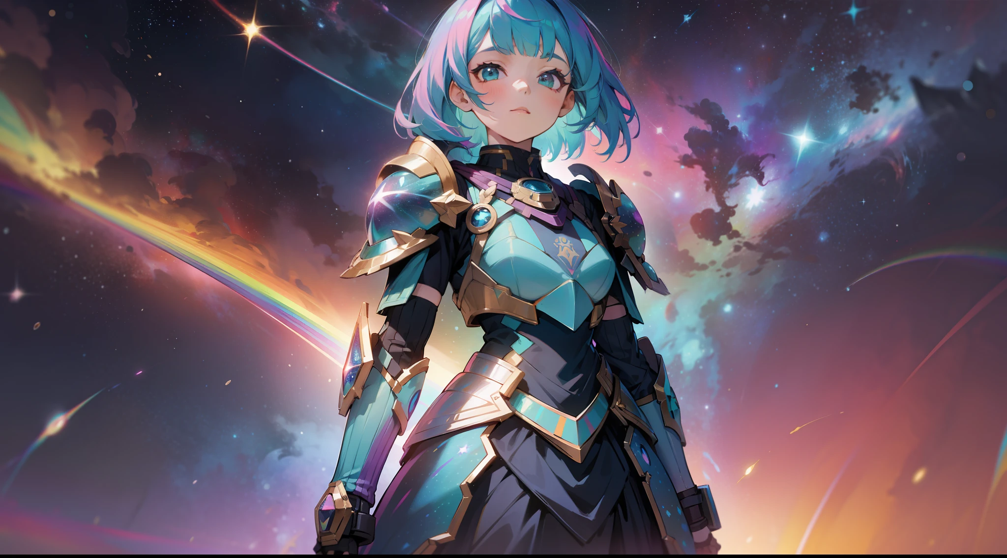 a girl with rainbow colored hair and detailed teal dress armor, standing, rainbow colored cosmic nebula background, stars, galaxies, intricate details, perfect face