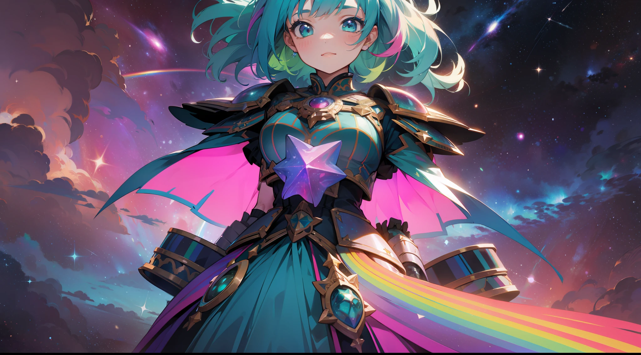 a girl with rainbow colored hair and detailed teal dress armor, standing, rainbow colored cosmic nebula background, stars, galaxies, intricate details, perfect face