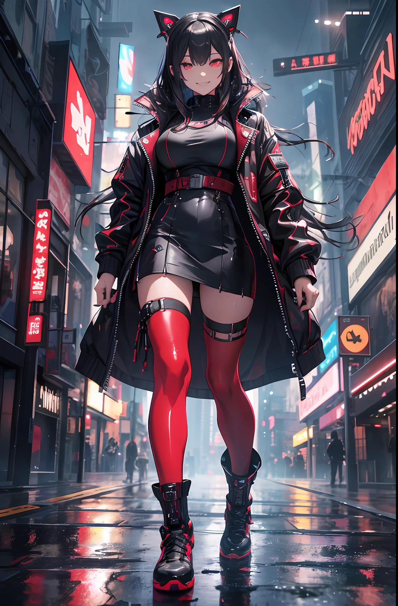 Best quality, masterpiece, absurdres, ultra realistic,middle angle shot, foggy, night time, outdoor,solo, beautiful mature woman wearing a stylish red-black translucent cyberpunk jacket and black sexy skirt, cyberpunk shoes, cool, egdy, beautiful long hair, glowing eyes, cute smile, swirling lights around the charatcters, reflections,hyper detailed character, intricate, wet, unity wallpaper, unreal engine, award winning, cinematic, amazing pose, dynamic scene