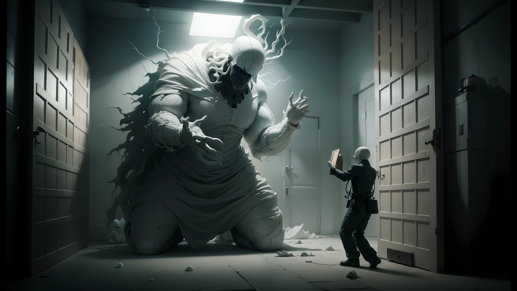 araffes in a dark room with a prison guard standing in front of a door, white ghost, highly detailed surreal vfx, cgi clay sculpture, cgi artwork, still from stranger things movies, fantasy and cosmic horror movie, frame from a movie , still from a music video, cgi special effects --auto --s2
