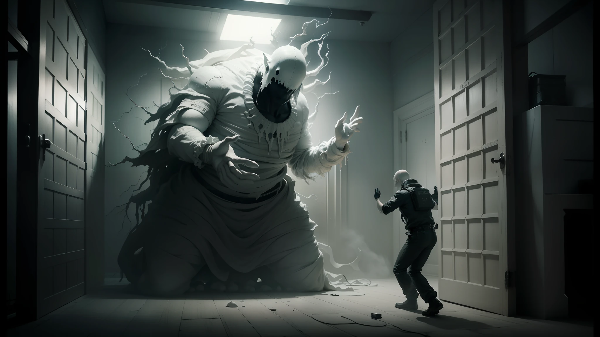 araffes in a dark room with a prison guard standing in front of a door, white ghost, highly detailed surreal vfx, cgi clay sculpture, cgi artwork, still from stranger things movies, fantasy and cosmic horror movie, frame from a movie , still from a music video, cgi special effects --auto --s2