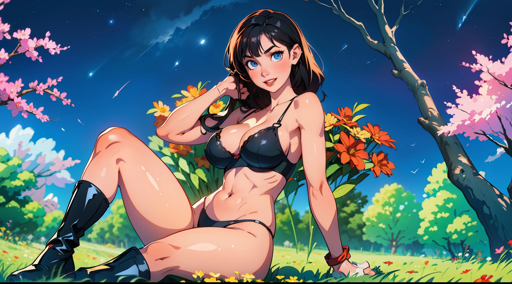 realistic, masterpiece, ray tracing, black hair, bikini, tight clothing, sleeveless, no teeth, smile, huge breasts, nipple, nipple visible through bra, cleavage, red lipstick, blue eyes, wide hips, thick thighs, legs, boots, muscles, abs, pretty face, on top of hill, grass, flowers, trees, sitting down, watching sunset, stars, night sky, moon, clouds