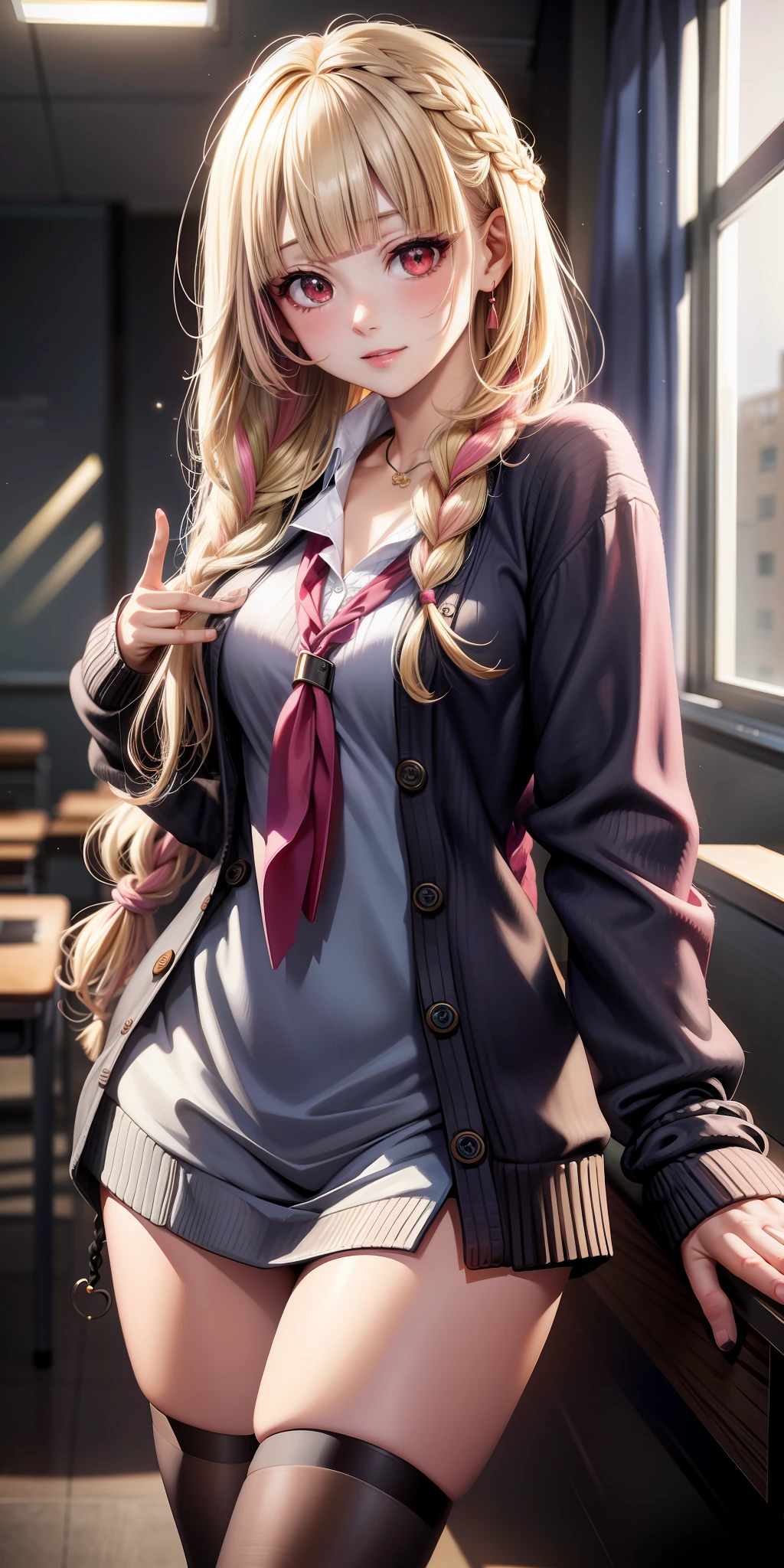 (((anime))), ((animated)), (GAL), medium hair, (braid hair:1.3), (blunt bangs:1.2),two-tone hair, blonde hair, (pink hair), round face, red eyes, (drooping eyes), (((tareme))),Pink Lip,piercing,necklace,[black skin], light smile, ((((cute)))), beautiful, 1 girl, solo, (cardigan:1.4), [cleavage cutout],beautiful background,(classroom:1.5),evening,sunlight,backlighting,masterpiece,best quality,exquisite,8k,absurdres,super fine illustration,(looking at viewer)