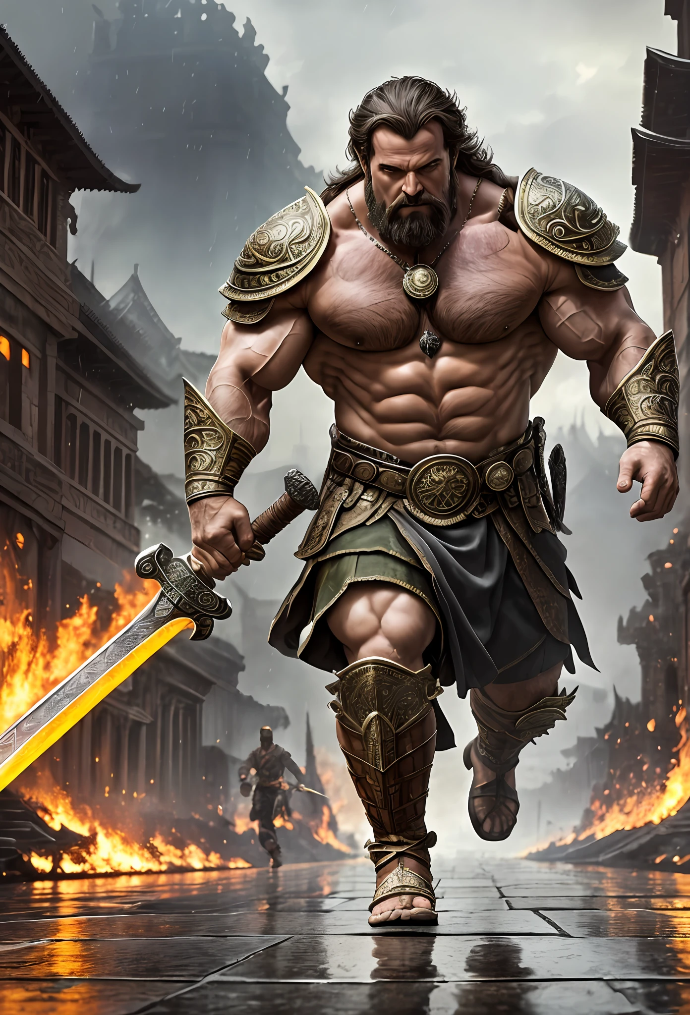 masterpiece, detailed, intricate, epic fantasy, colorful, full body, slight angle, man, 40 years old, hulking, brawny, fitted, ankle wraps, very hairy torso, big strong hands, fine detailed, running, intense action, dynamic juxtaposition, skimpy revealing slavery outfit, receding hairline, smirk, gladiator, with a sword, blades, big ancient city on fire in the background, heavy rain, smoggy, pointing away, depth of field, particle effects, high quality shadows, intense action --auto --s2