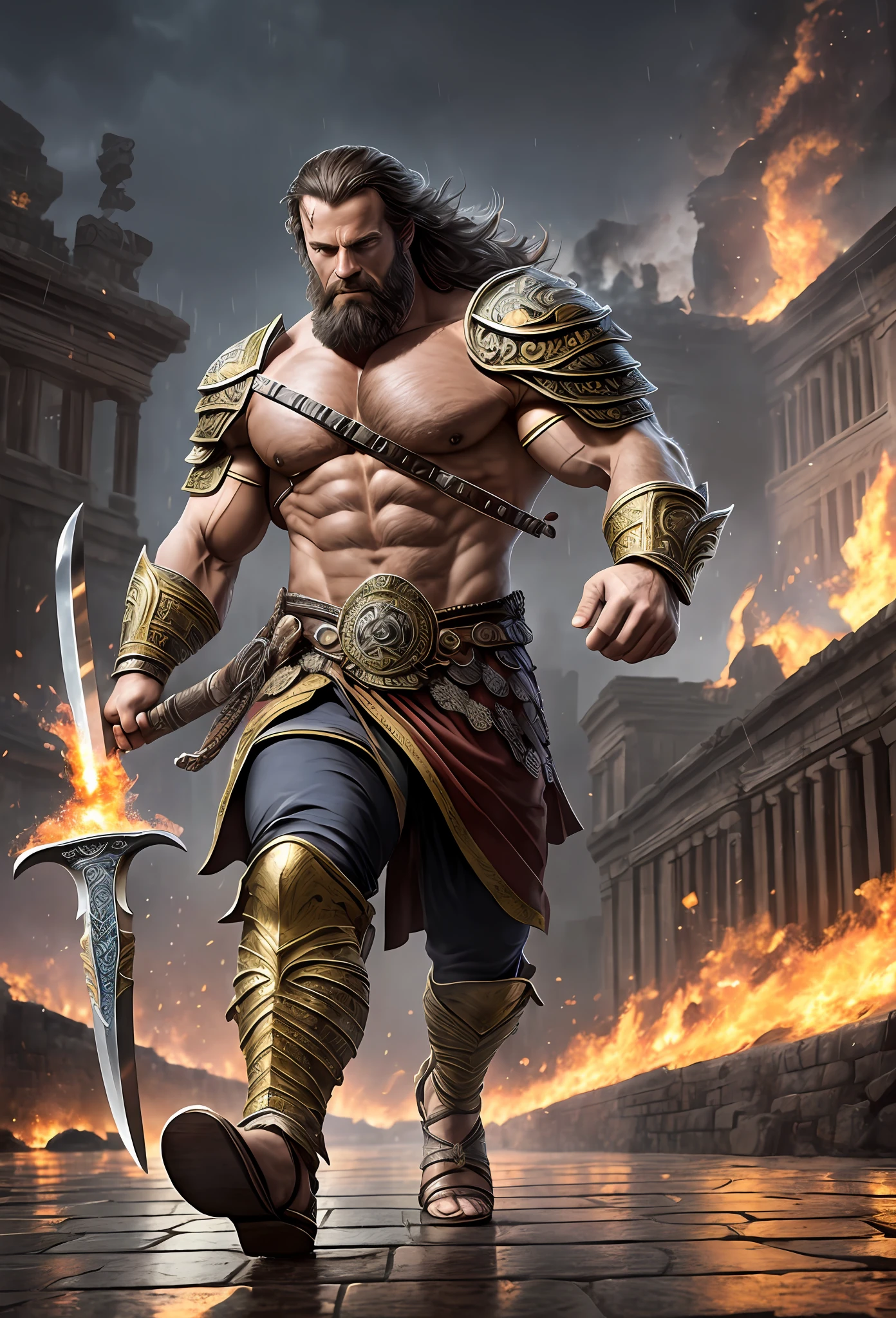 masterpiece, detailed, intricate, epic fantasy, colorful, full body, slight angle, man, 40 years old, hulking, brawny, fitted, ankle wraps, very hairy torso, big strong hands, fine detailed, running, intense action, dynamic juxtaposition, skimpy revealing slavery outfit, receding hairline, smirk, gladiator, with a sword, blades, big ancient city on fire in the background, heavy rain, smoggy, pointing away, depth of field, particle effects, high quality shadows, intense action --auto --s2