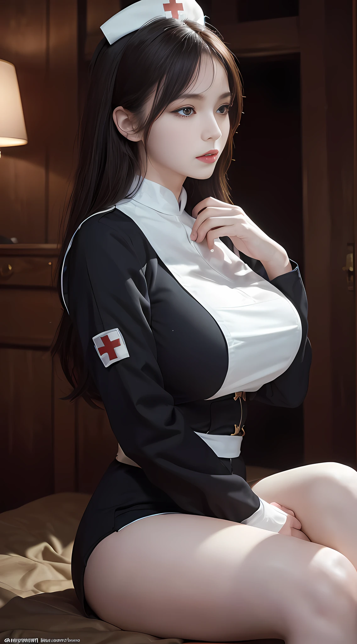 (1girl:1.3), solo, __Body parts__ realistic skin, pale skin, huge breasts, official art, unified 8k wallpaper, super detail, beauty and aesthetics, beauty, masterpiece, best quality, on the battlefield, fantastic atmosphere, calm color palette, peaceful mood, soft shadows, nurse, black uniform, charm, seduction, sexy figure