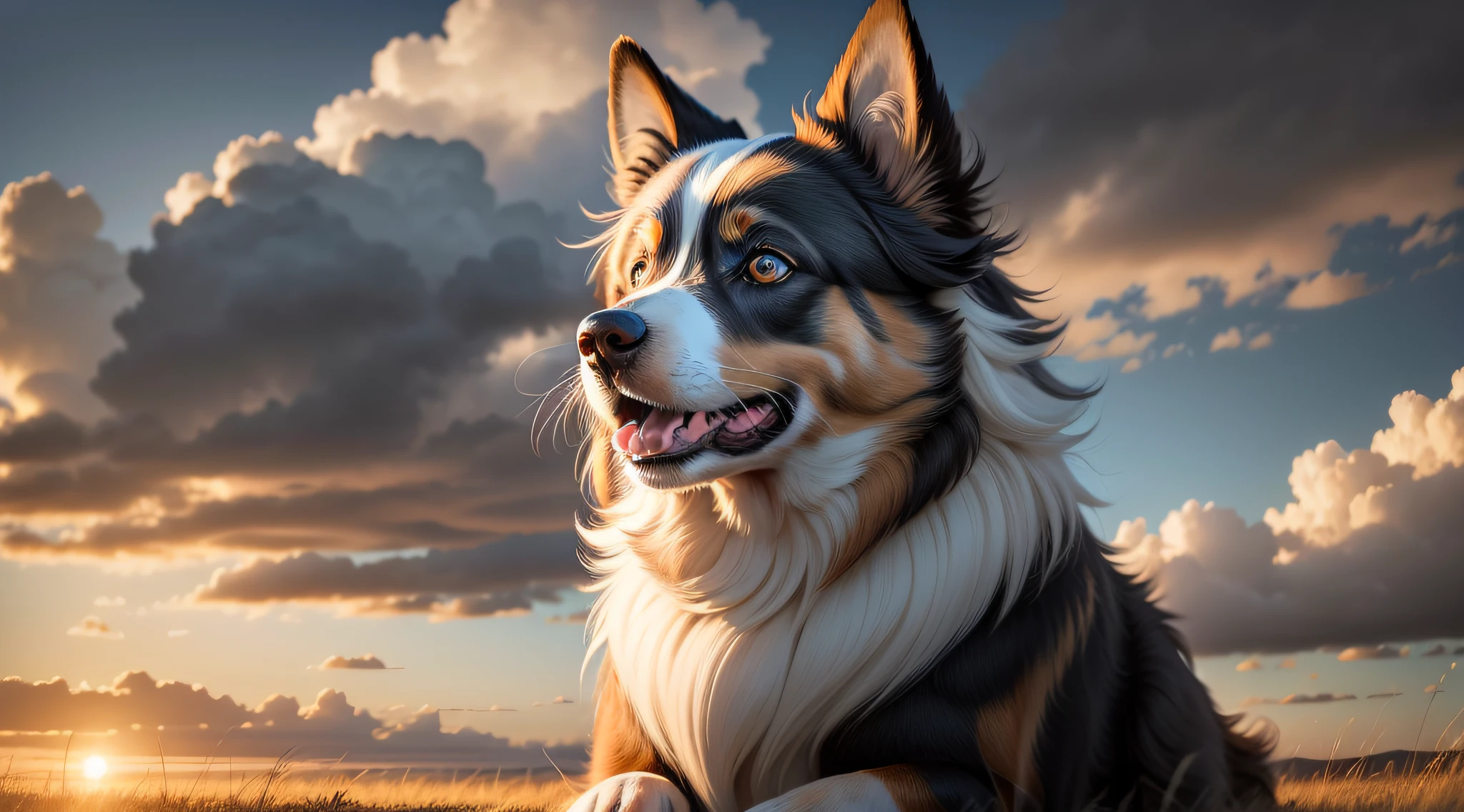 (detailed description) (best quality) Australian shepherd on plain, seated and happy, looking at the horizon with beautiful sky, proud (without cropping the image of the Australian shepherd, use the colors black, white and brown for the dog and put it in the direct corner of the photo looking to the left