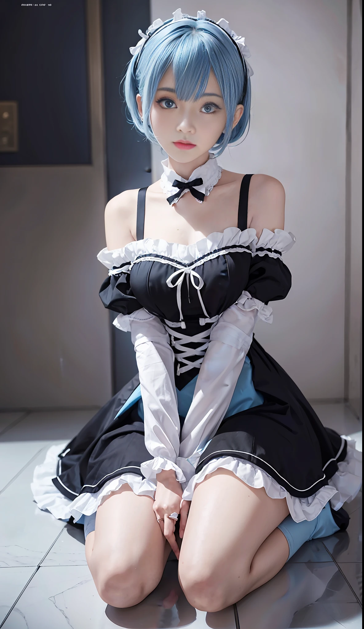 1 girl, maid outfit, (bangs cover eyes: 0.8), short light blue hair, black clothing, palace, exposed shoulders, blue eyes, hairpins, full body, sit