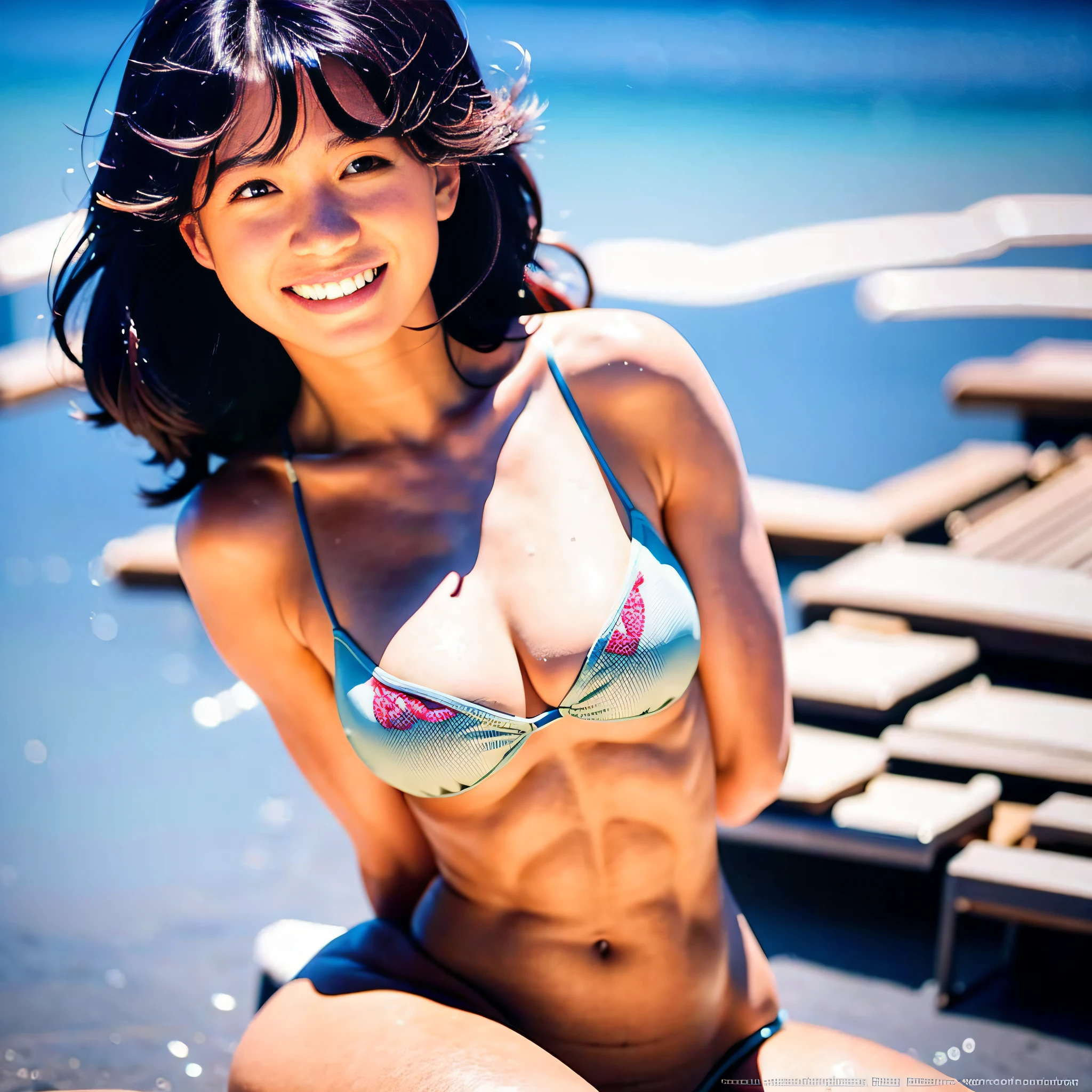 best quality, masterpiece, ultra high res, (photorealistic:1.4),RAW photo, close-up shot, 1 girl, , smile, bikini and flat chest, shiny hair, big eyes, white and translucent skin, slightly flushed cheeks, thin lips