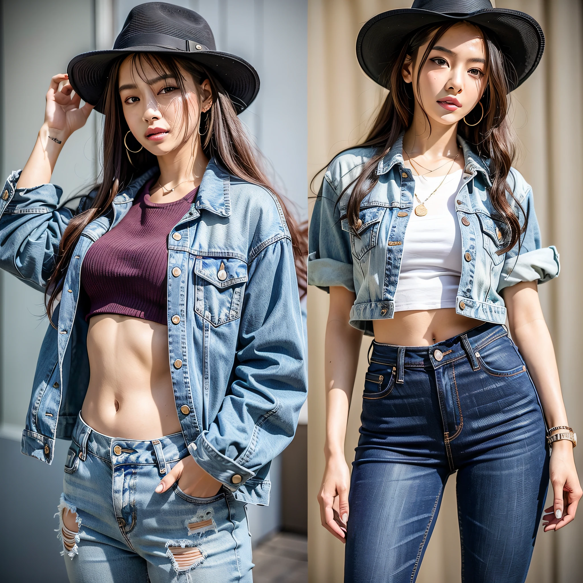 Araf woman in denim jacket and jeans posing for photo, Roseanne Park in blackpink, Jossi in blackpink, Larisa Manovan in blackpink, Sakura Miyawaki, photo of slim girl model, Gia, Japan female fashion model, female model, fashion model, thin waist, jeans, Larisa Manobar,