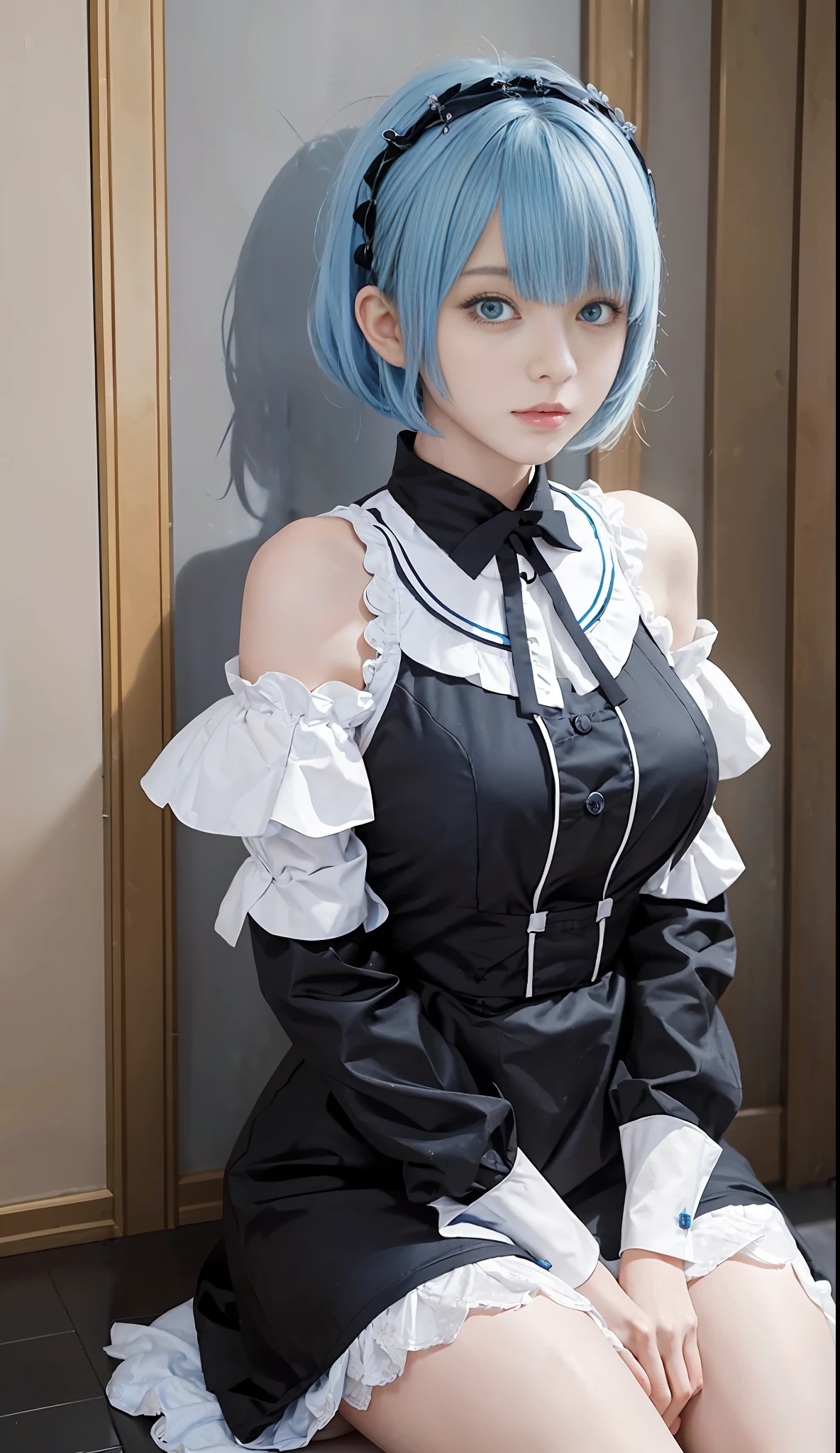 1 girl, maid outfit, (bangs cover eyes: 0.8), short light blue hair, black clothing, palace, exposed shoulders, blue eyes, hairpins, full body, sit down, (right eye obscured by hair: 1.4), ((bangs combed on the right)))