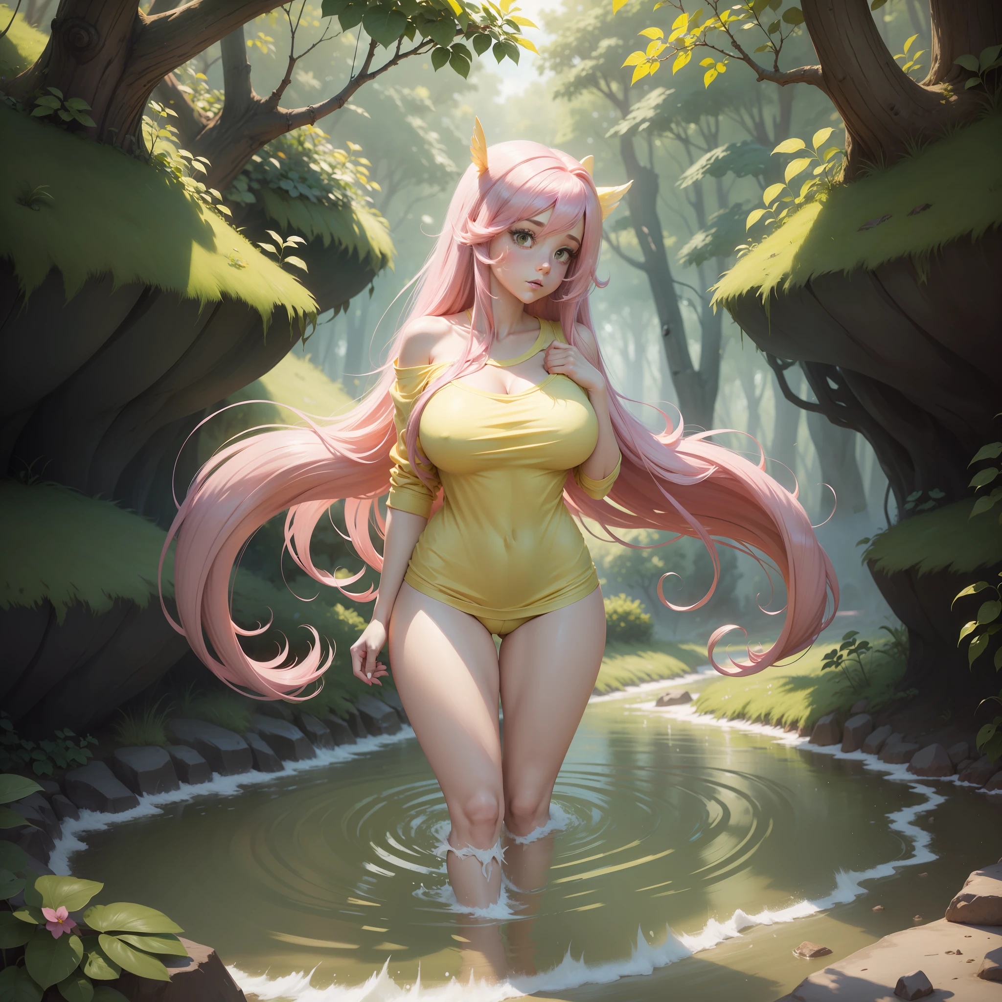 Fluttershy, Fluttershy from the cartoon May Little Pony, Fluttershy in the form of a girl, long hair, pink hair, voluminous breasts, large breasts, lush breasts, bulging breasts, White tight T-shirt, in nature, birds, yellow wings