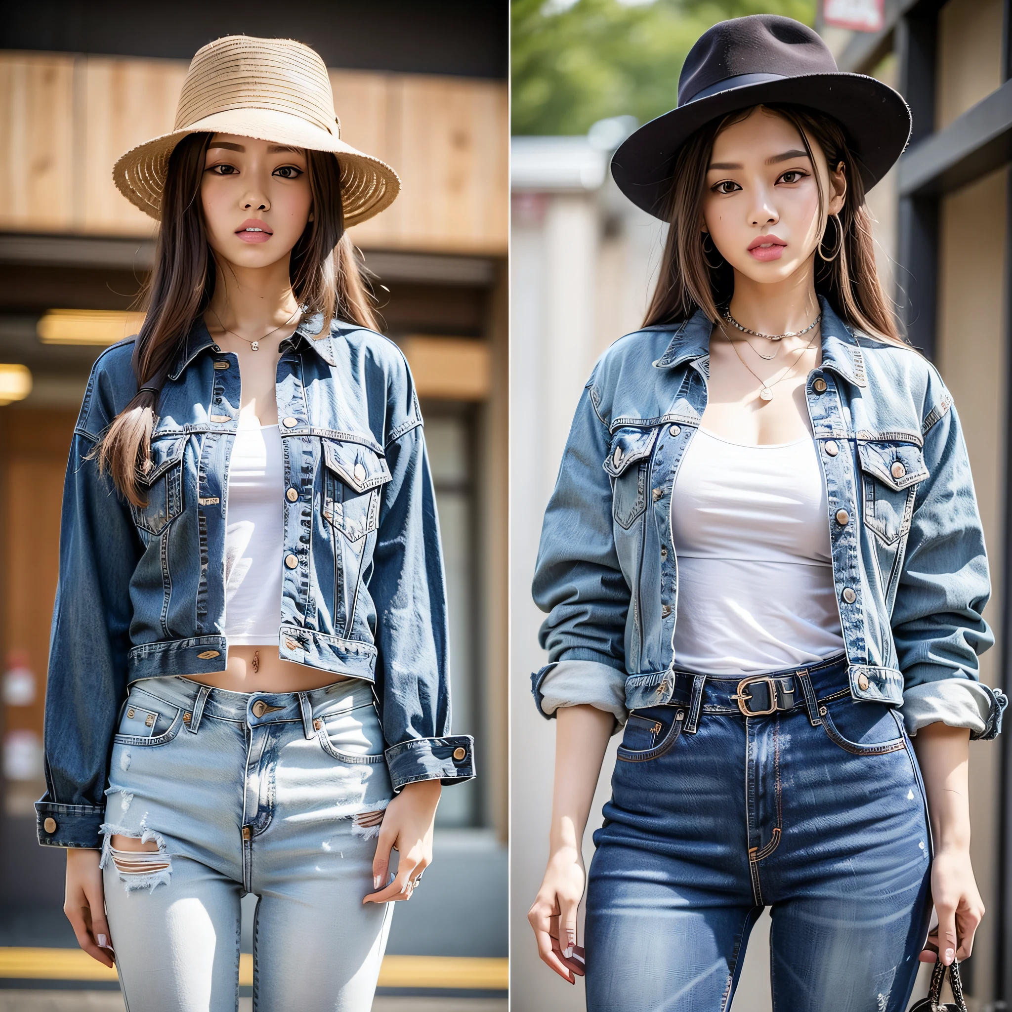 Araf woman in denim jacket and jeans posing for photo, Roseanne Park in blackpink, Jossi in blackpink, Larisa Manovan in blackpink, Sakura Miyawaki, photo of slim girl model, Gia, Japan female fashion model, female model, fashion model, thin waist, jeans, Larisa Manobar,