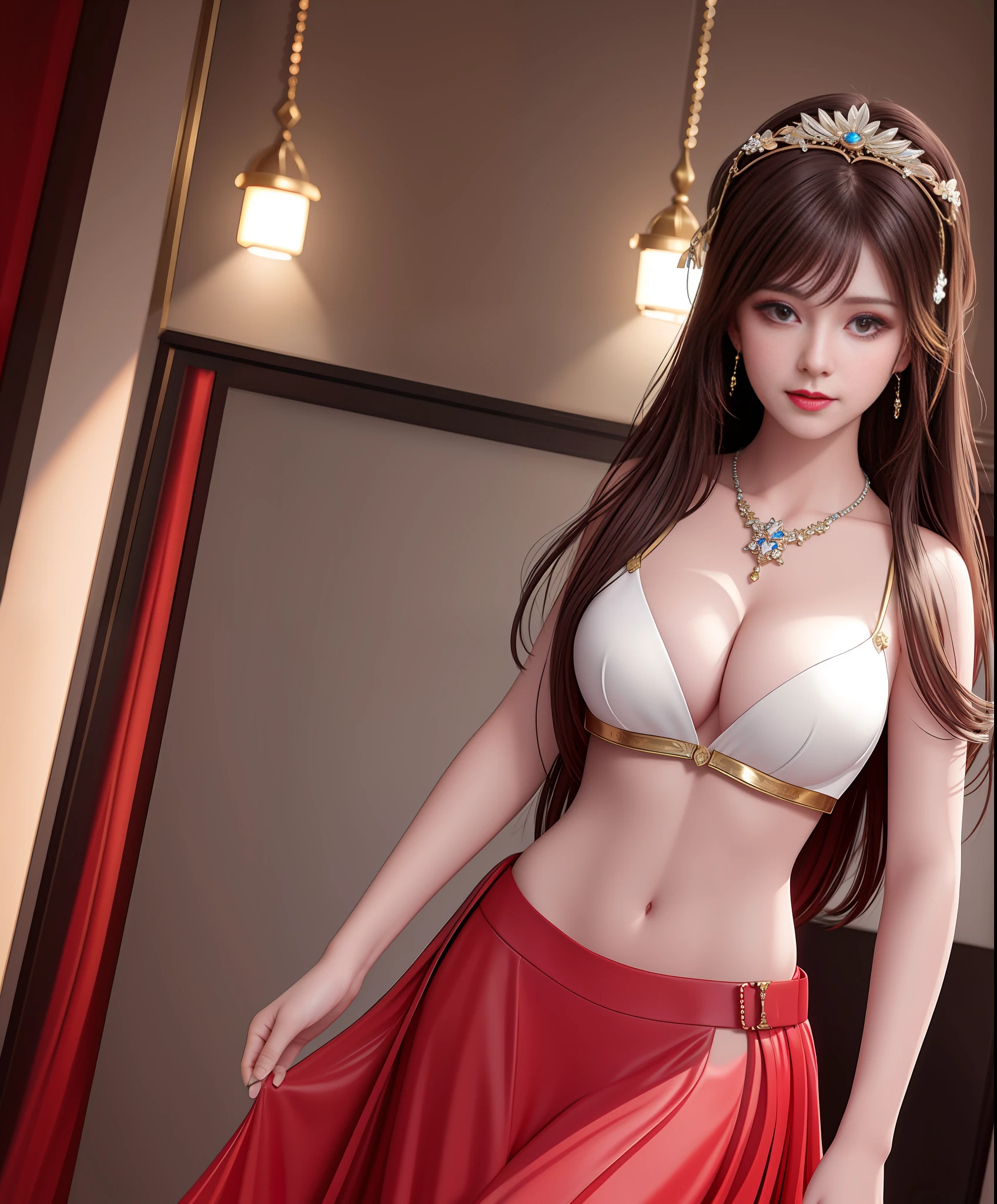 Best Quality, Masterpiece, High Resolution, 1Girl, Hair Accessory, Necklace, Jewelry, Beautiful Face, Body, Tyndall Effect, Realism, Dark Studio, Edge Lighting, Two-tone Lighting, (High Detail Skin: 1.2), 8K UHD, DSLR, Soft Light, High Quality, Volumetric Light, Voyeur, Photo, High Resolution, 4K, 8K, Background Blur, Belly Pocket, Red Belly Pocket, ((Red Clear Belly Pocket)), Big Breast, Cleavage