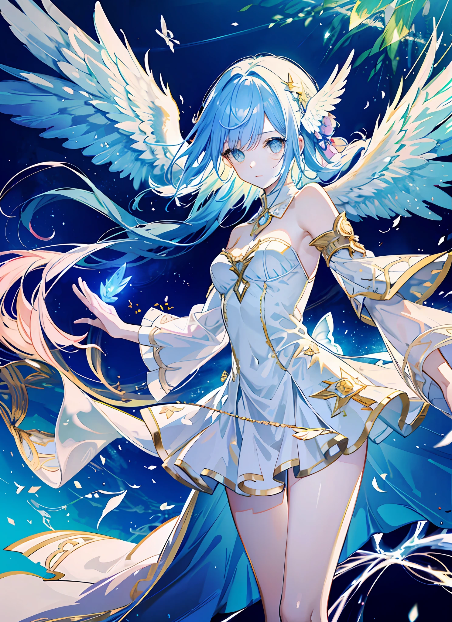 Angels are depicted in brilliantly colored and bright complexions, and their skin seems to radiate an otherworldly glow. They are decorated with a pair of glittering elegant wings, symbolizing their divine nature. The scene is ethereal and captivating, capturing the beauty and mystery of these celestial bodies. angel, colorful, glowing, complexion, glowing, otherworldly, radiant, sparkling, elegant, winged, sacred, ethereal, charming, beautiful, mysterious. Upper