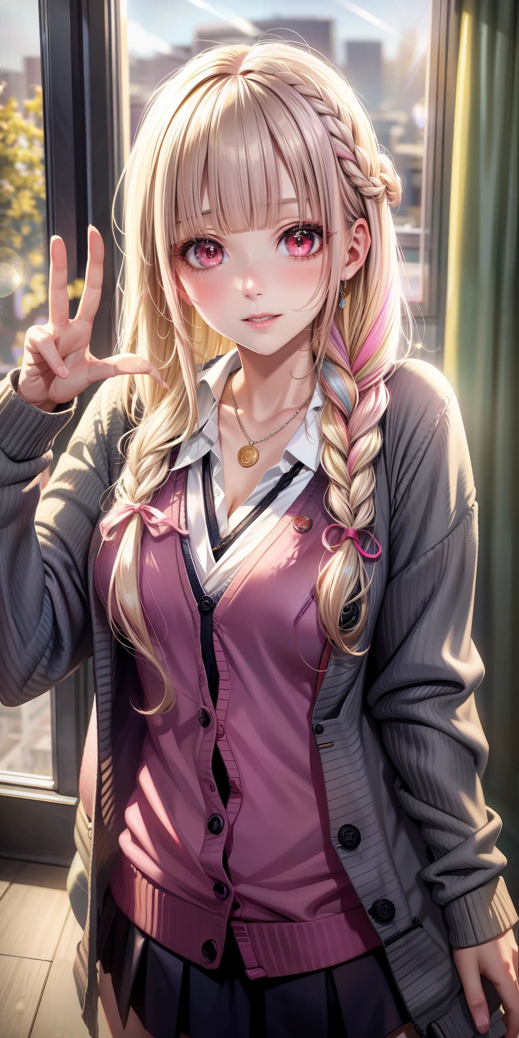(((anime))), ((animated)), (GAL), medium hair, (braid hair:1.3), (blunt bangs:1.2),two-tone hair, blonde hair, (pink hair), round face, red eyes, (drooping eyes), (((tareme))),Pink Lip,piercing,necklace,[black skin], light smile, ((((cute)))), beautiful, 1 girl, solo, (cardigan:1.4), [cleavage cutout],peace sign,beautiful background,(classroom:1.5),evening,sunlight,backlighting,masterpiece,best quality,exquisite,8k,absurdres,super fine illustration,(looking at viewer)