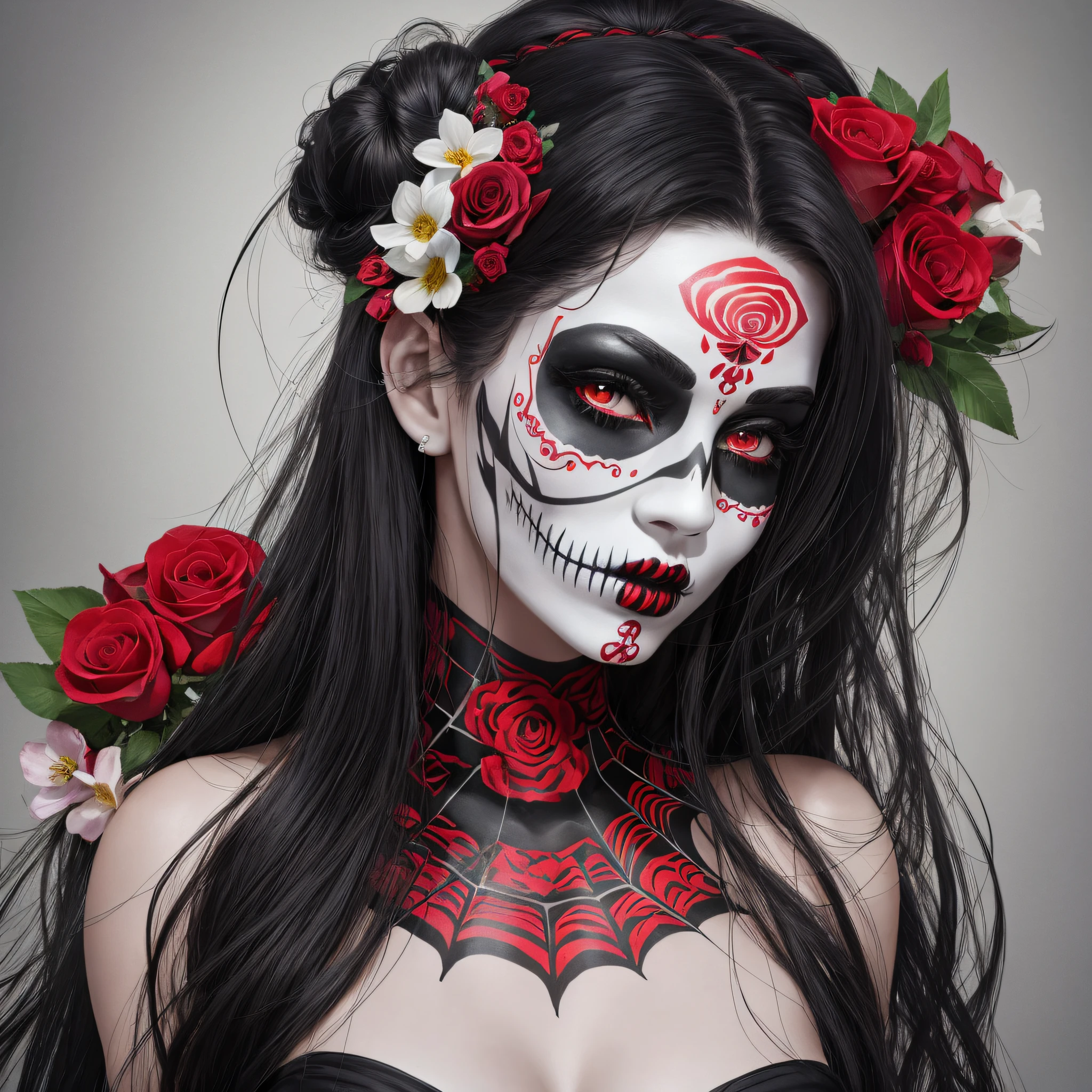 Hyper-realistic sculpture of a woman with a skull makeup and red roses in her hair, inspired by the Mexican tradition of Dia de los Muertos. The sculpture is made of resin and fiberglass, with synthetic hair and glass eyes. The woman has a serene and mysterious expression, her lips parted and her gaze fixed. Their skin is painted white, with designs of flowers, hearts and cobwebs in black, which mimic a skull. His nose is painted black, creating a shadow effect. Their cheeks are marked by red circles, which contrast with the white of the skin. Their eyes are outlined by black and white lines, which enhance their shape and color. His lips are painted red, with a detail of a spider in the lower right corner. Her hair is long and black, held in a high bun, adorned by artificial red roses, which symbolize life and death. The sculpture reproduces only the head and shoulders of the woman, in full size, with an incredible level of detail, which makes it seem that she is alive and ready to celebrate the Dia de los Muertos. The work is a tribute to Mexican culture and its way of dealing with death, in the style of Giovani Caramello. --auto --s2