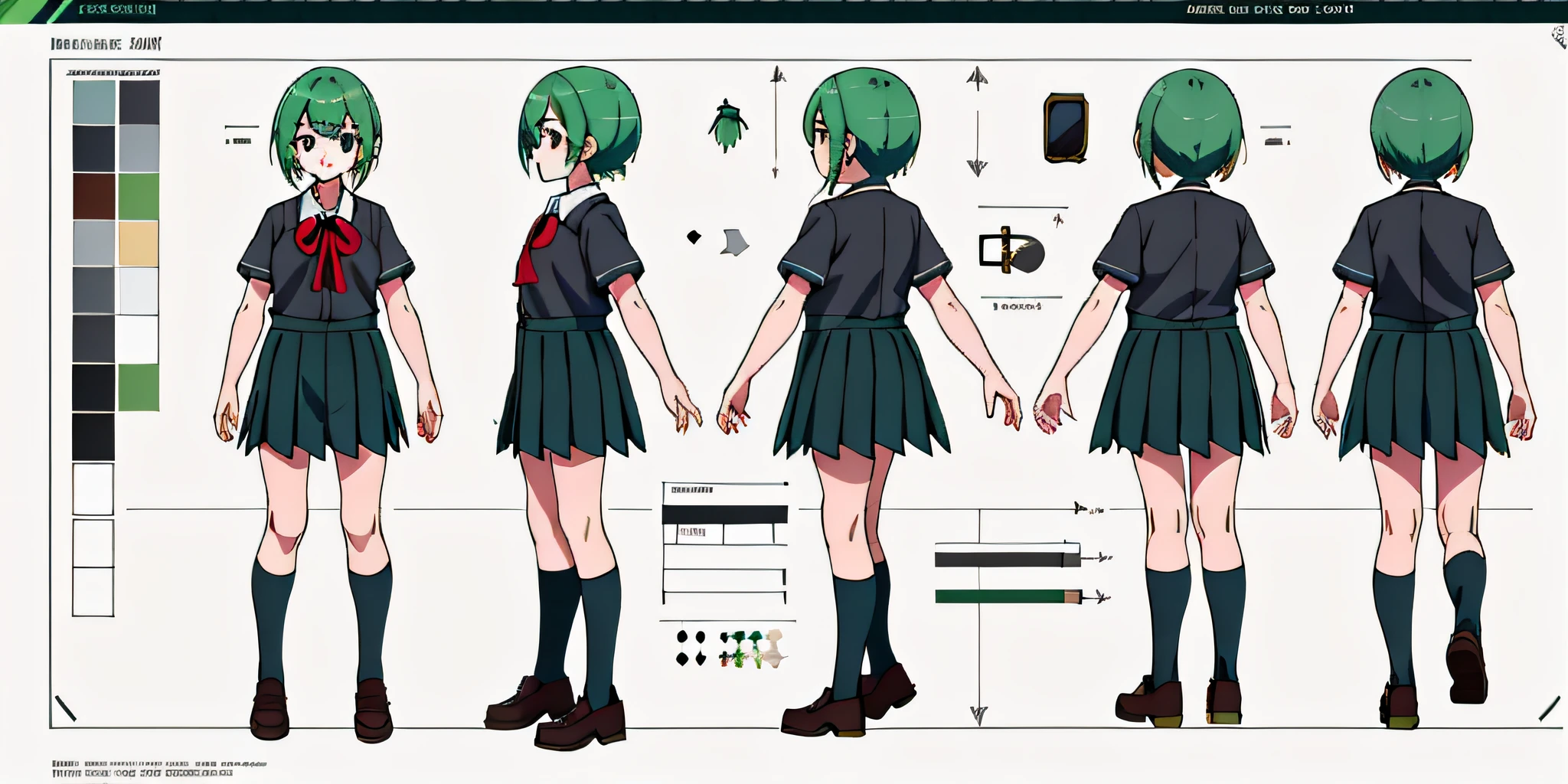 1 Girl, Character Sheet, Concept Art, Full Body, (Masterpiece:1.2), (Best Image Quality:1.3), 1 Girl, Standing, Pleated Skirt, Black School Blouse, Green Hair, Cute