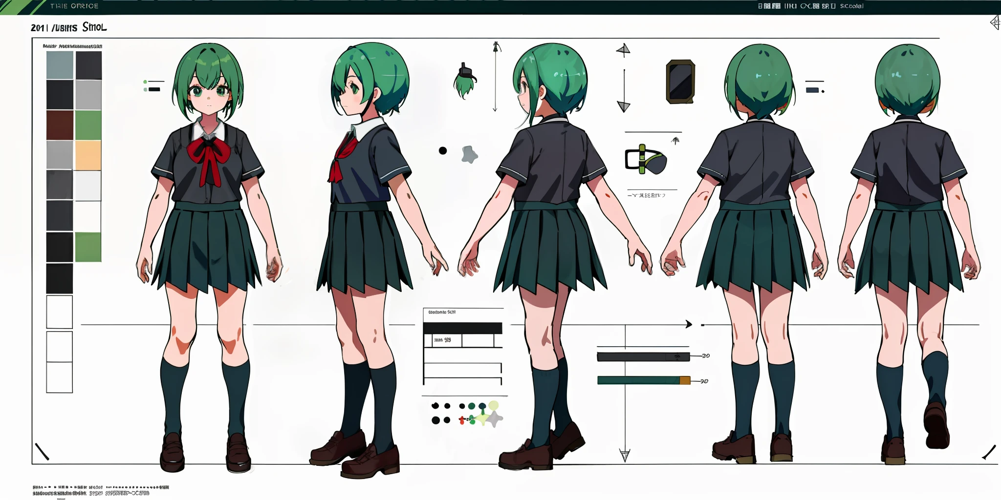 1 Girl, Character Sheet, Concept Art, Full Body, (Masterpiece:1.2), (Best Image Quality:1.3), 1 Girl, Standing, Pleated Skirt, Black School Blouse, Green Hair, Cute