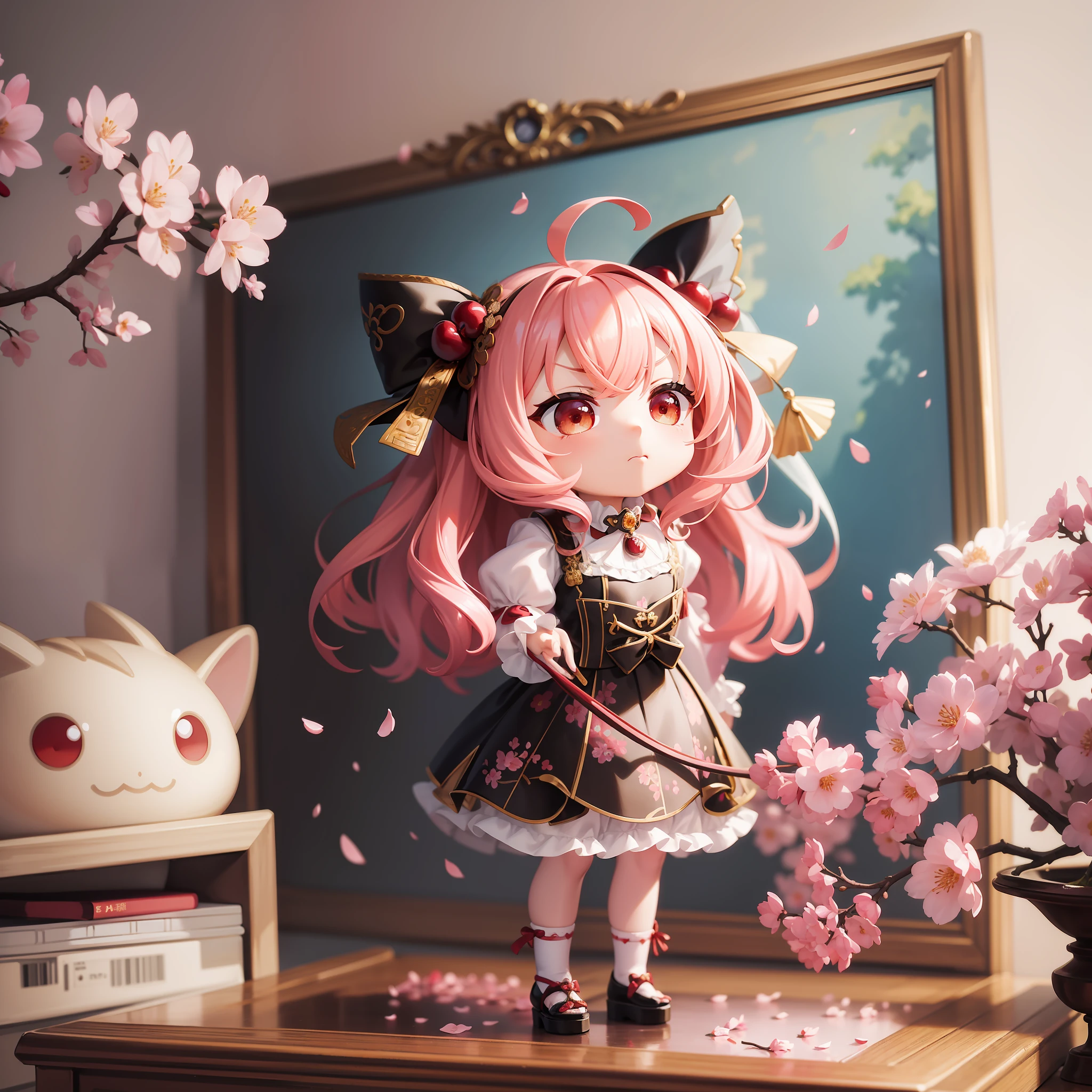 Doll standing in front of painting, angry face, Sengai, pixiv, Rococo, Dolfie Dream, watercolor Nendoroid, (high definition figure), flowing cherry colored silk, nendroid, highly_detailed!!, cherry blossom petals, flowing cherry blossom silk, season!!: 🌸 ☀ 🍂 ❄