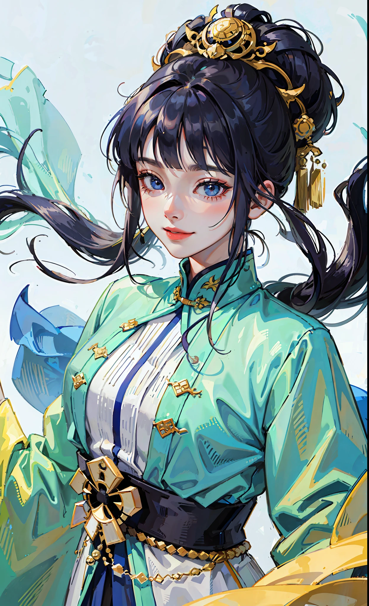A girl, ancient Chinese costume, whole body, sunshine, clear face, clean white background, masterpiece, super detail, epic composition, ultra HD, high quality, extremely detailed, official art, uniform 8k wallpaper, super detail, 32k, ((blunt bangs)), extremely detailed character, detailed lips,  dark blue hair,  hinata/(boruto/),  smile