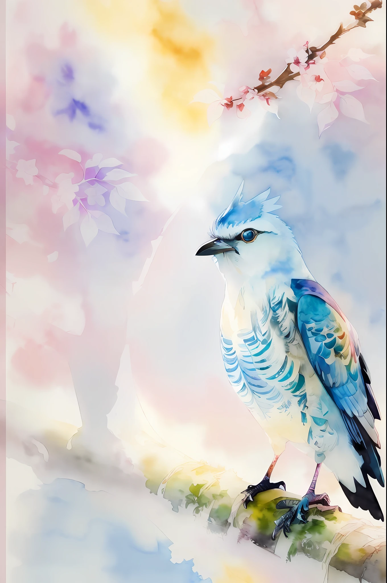 (Watercolor style, spectral art) + (in the outdoor natural environment, (cuckoo: 2) standing on the branches and crying, the scene of busy farming in the distance). (rich gorgeous colors in the distance) + (smudge splash) + (clear light and shadow swaying dynamics), from above, wide-angle lens --auto --s2